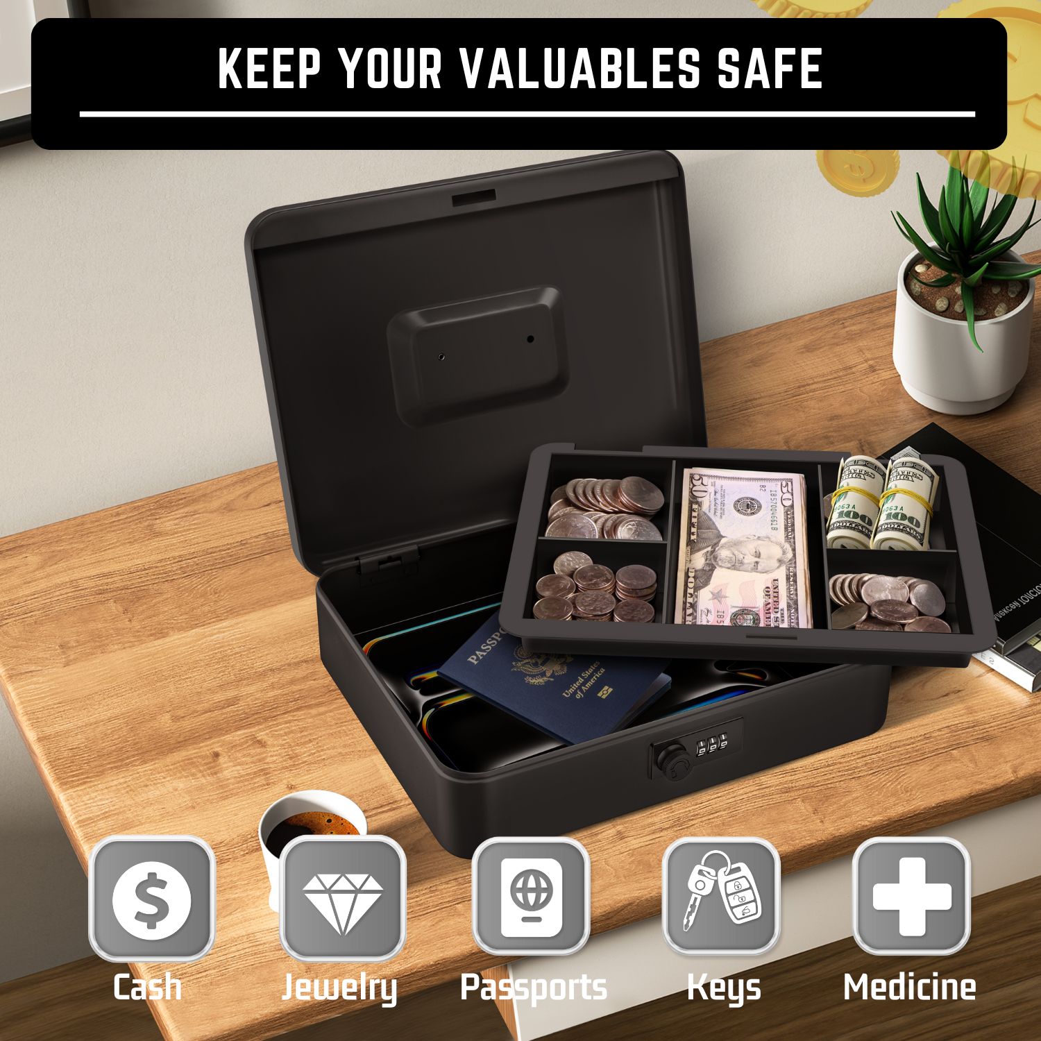 3-Digit Combination Lock Security: This black cash box with combination lock has an advanced locking mechanism that eliminates key-related worries. Easily set your combination to keep cash and belongings safe. Default Code: 000