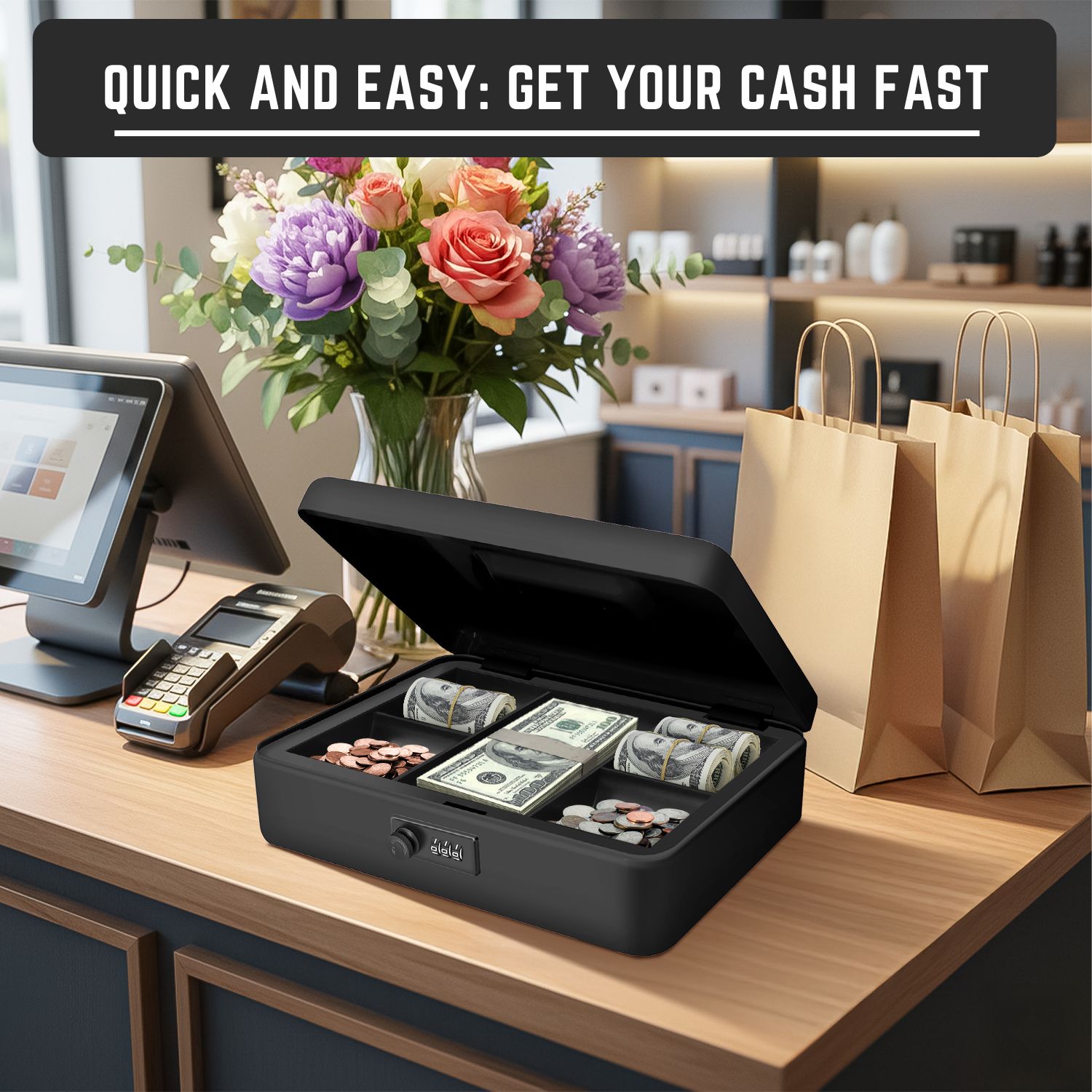Removable Tray for Easy Organization: This cash lock box has a 5-compartment inner tray, perfect for sorting and arranging your bills, coins, checks, keys, and other valuables. Additional space beneath the tray accommodates checks and larger items