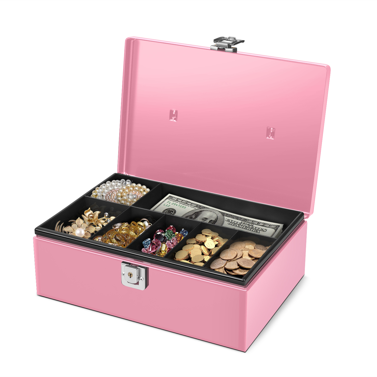 Flexzion Cash Box with Money Tray and Lock - Metal Money Box for Cash Storage with Secure Latch Lock & Key, Pink Petty Cash Box with 7 Compartment Money Tray for Small Businesses, 11x7.7x3.5 Inches