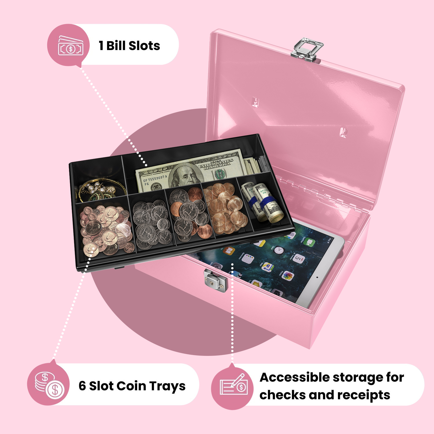 Organize with Elegance: Our cash box with money tray and lock features a meticulously designed removable cash tray, boasting 1 bill slot, 6 coin trays, and ample space for checks and receipts. Let organization meet style