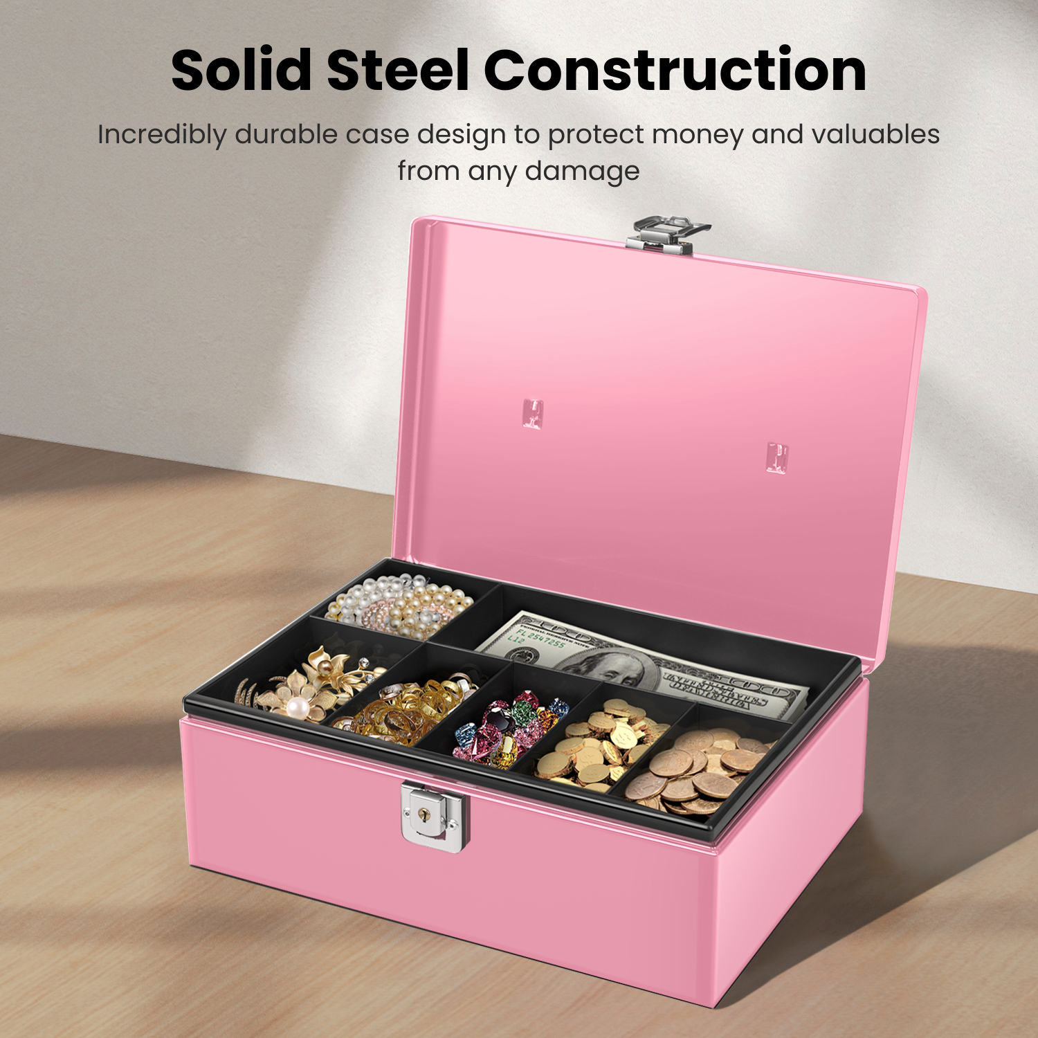 Your Portable Cash Companion: This metal lock box is equipped with a wide and foldable handle for easy transport, keeping your cash organized and on hand whenever, wherever