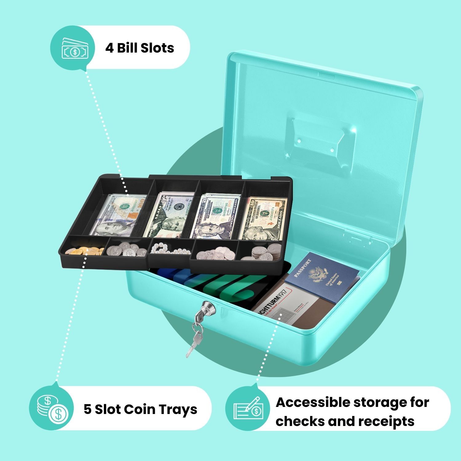 Flexzion Cash Box with Money Tray and Lock - Metal Cash Box for Small Businesses, 9-Compartment Blue Money Box with Lock and Key for Petty Cash, Checks, Coins, Portable Money Box for Cash Storage
