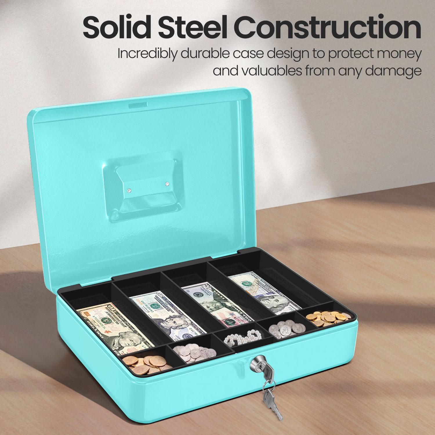 Flexzion Cash Box with Money Tray and Lock - Metal Cash Box for Small Businesses, 9-Compartment Blue Money Box with Lock and Key for Petty Cash, Checks, Coins, Portable Money Box for Cash Storage