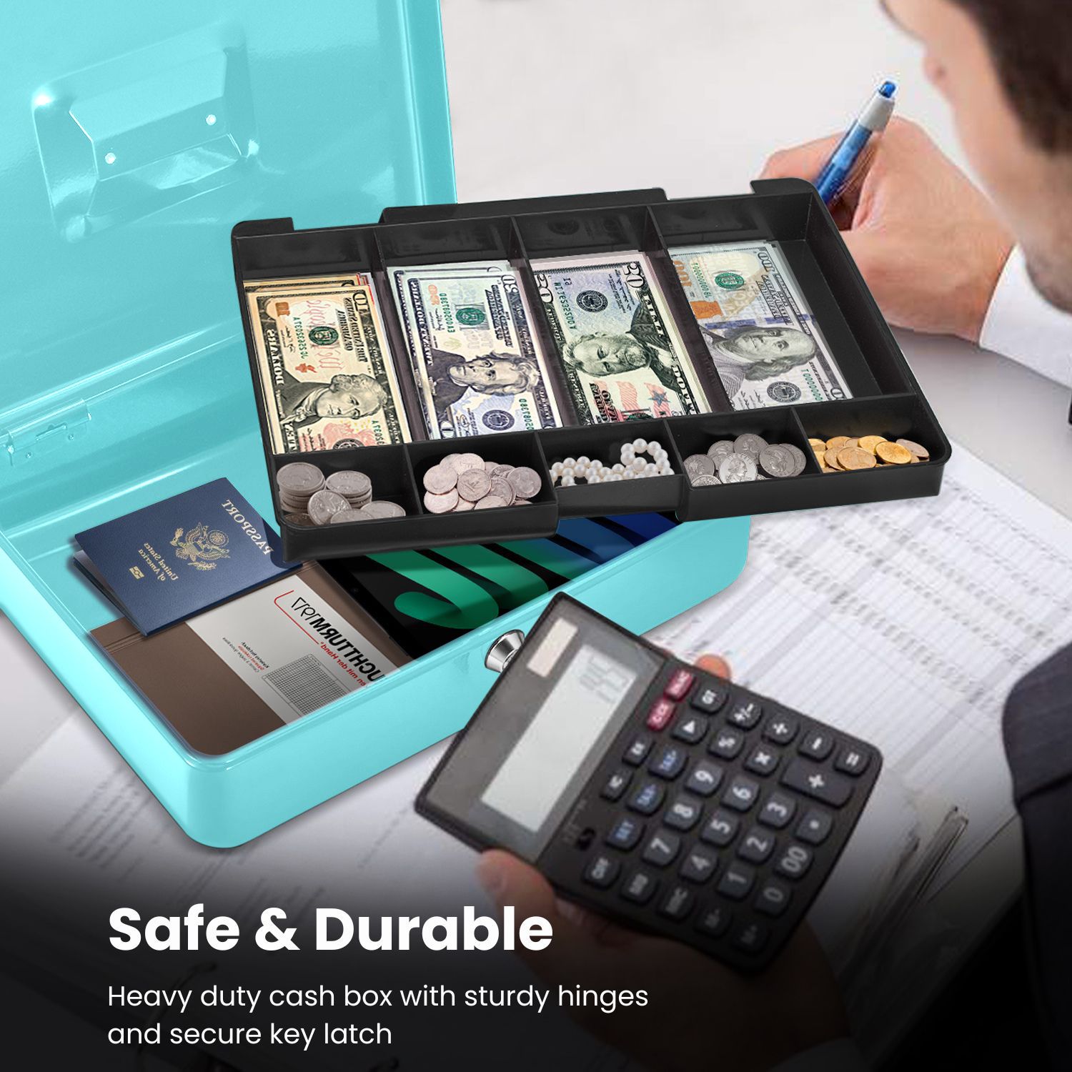 Flexzion Cash Box with Money Tray and Lock - Metal Cash Box for Small Businesses, 9-Compartment Blue Money Box with Lock and Key for Petty Cash, Checks, Coins, Portable Money Box for Cash Storage