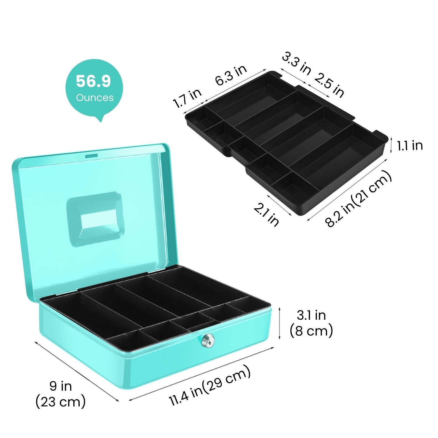 Flexzion Cash Box with Money Tray and Lock - Metal Cash Box for Small Businesses, 9-Compartment Blue Money Box with Lock and Key for Petty Cash, Checks, Coins, Portable Money Box for Cash Storage