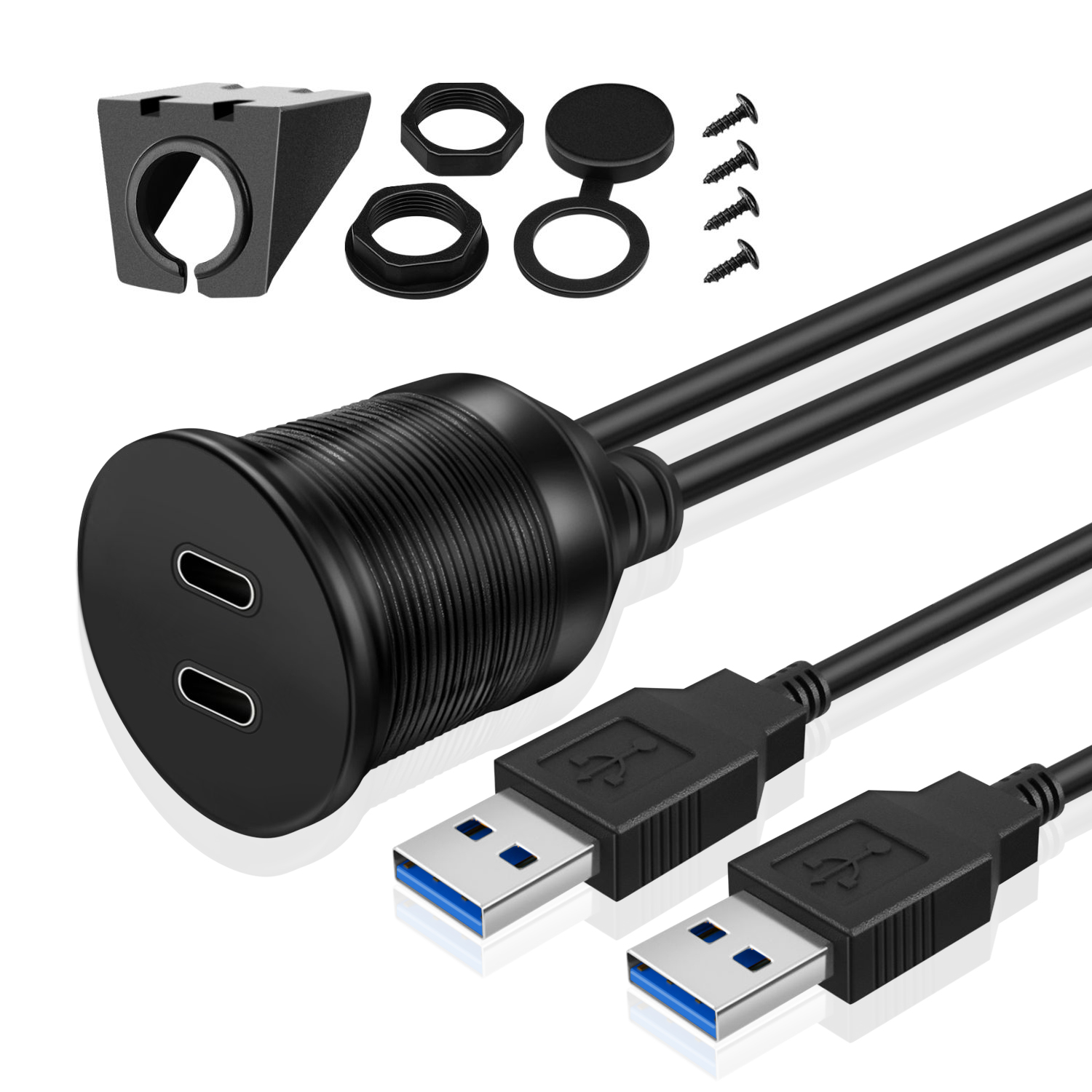 USB C 3.0 Flush Mount Cable, Dual USB Extension Cable 3ft 1M for Car Dashboard with Dash Panel Mount, 2 Port Type A Male to C Female Socket Connector Adapter Cord for Boat Motorcycle Vehicle
