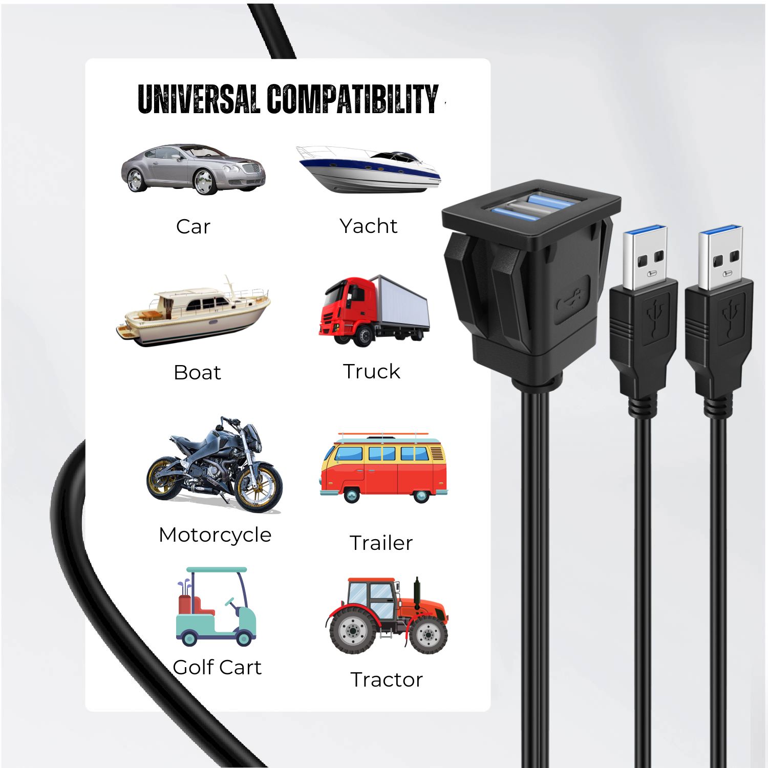 USB 3.0 Flush Mount Cable - Add USB ports to a your car, boat, yacht or other vehicles and devices the way you want; (Note: Please check the length before purchase)