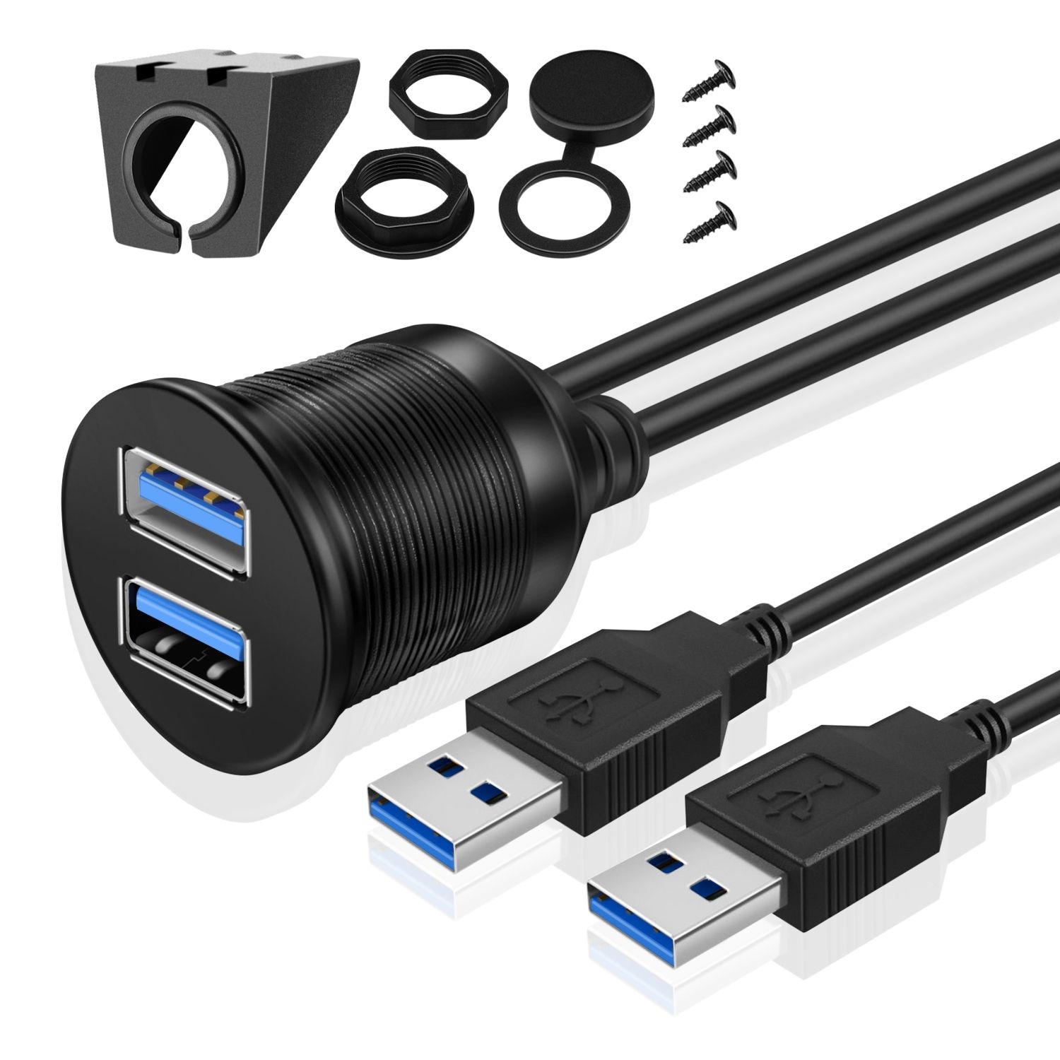 USB 3.0 Flush Mount Cable - Dashboard Panel Dash Mount 2 Ports Dual USB Socket Plug Jack Connector Extension Wire Cord Water Resistant Male to Female for Car Truck Trailer Boat Motorcycle (1.8M / 6FT)