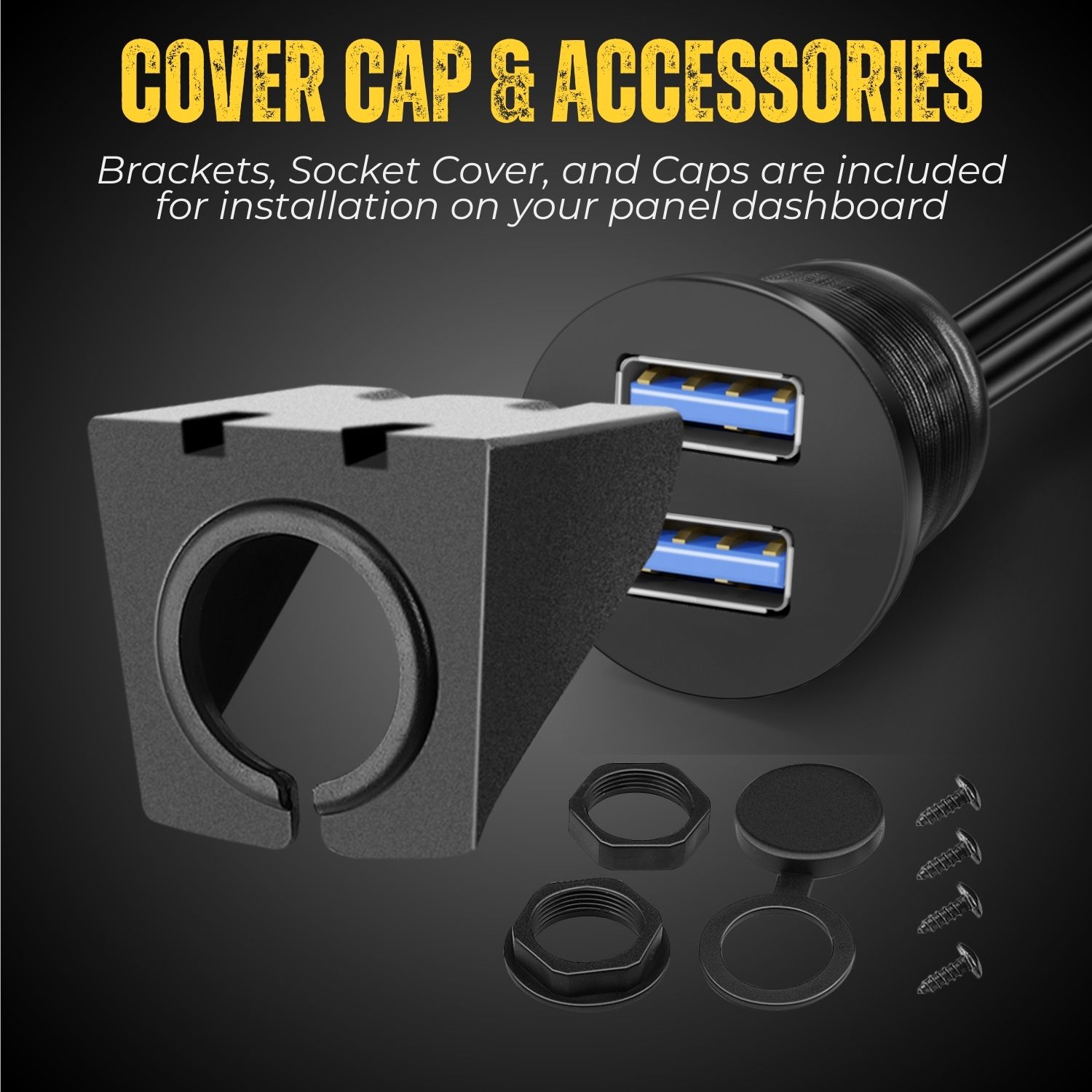 Multi Installation Options - You may replace the USB mount cable with the cigarette lighter and flush mount the socket to your dashboard, or make a 28mm - 30mm hole and mount it using the bracket and screws (Included); 2 sizes retaining rings included for an optimal fitting the bracket and screws (Included); 2 sizes retaining rings included for an optimal fitting