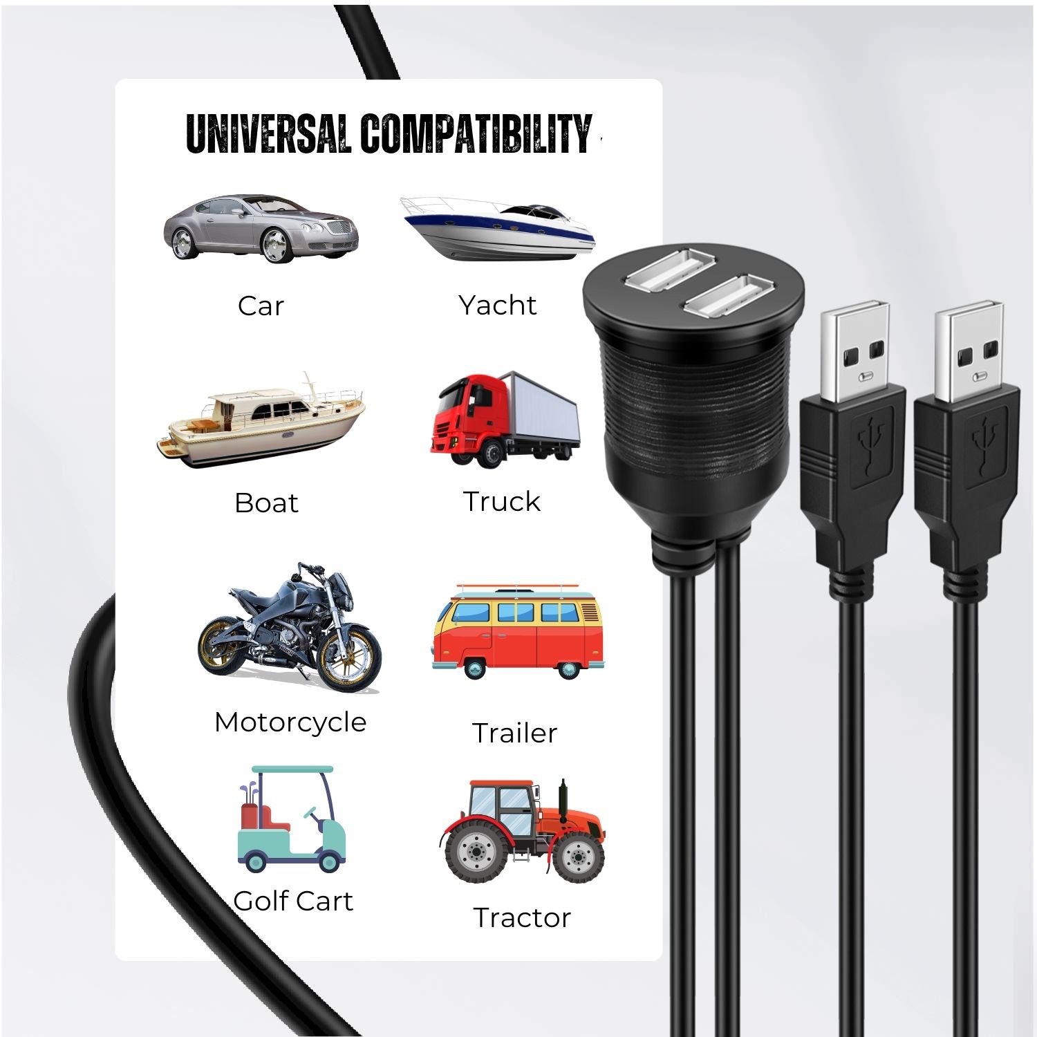 USB Flush Mount Cable - Allows you to DIY your car, boat, yacht or other vehicles and devices for a built-in USB port the way you want; (Note: Please check the length before purchase)