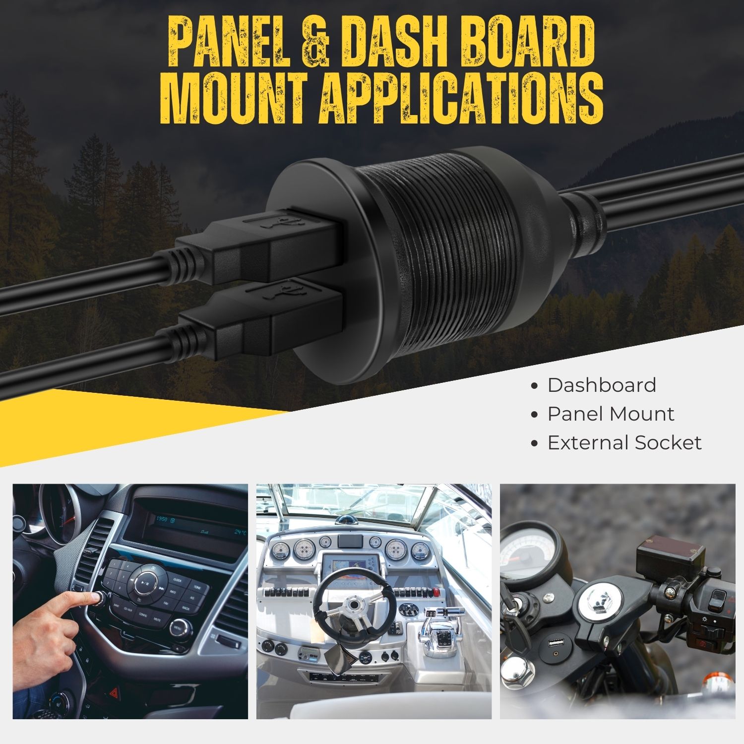 Dual USB Ports offer high data transmission and charging efficiency; Compatible with any stereo system that comes with USB input; Perfect for stereo installation on ATVs, UTVs, cars and trucks, etc.