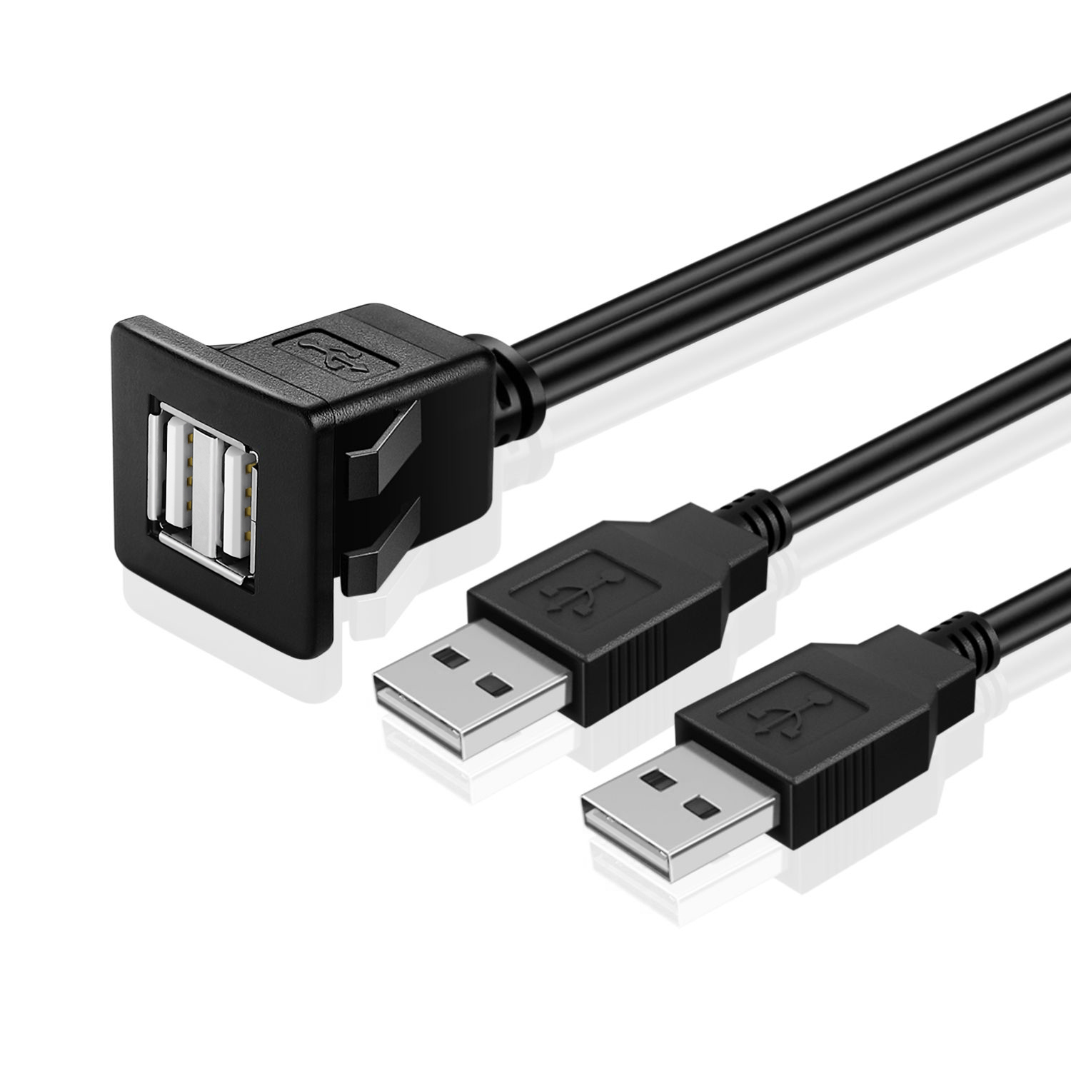 Dual USB Flush Mount Cable with Buckle (Square)- Dashboard Panel Dash Mount 2 Ports USB Socket Plug Jack Connector Extension Wire Cord Water Resistant Male to Female for Car Truck Trailer Boat Motorcycle (1M / 3FT)