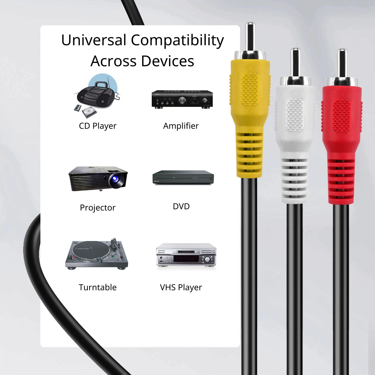 Easy Set Up:  Our 3RCA male to male video cable is designed for plug-and-play setup; this RCA audio cables can connect your devices with no additional configuration required. Plug in and start enjoying your audio and video right away