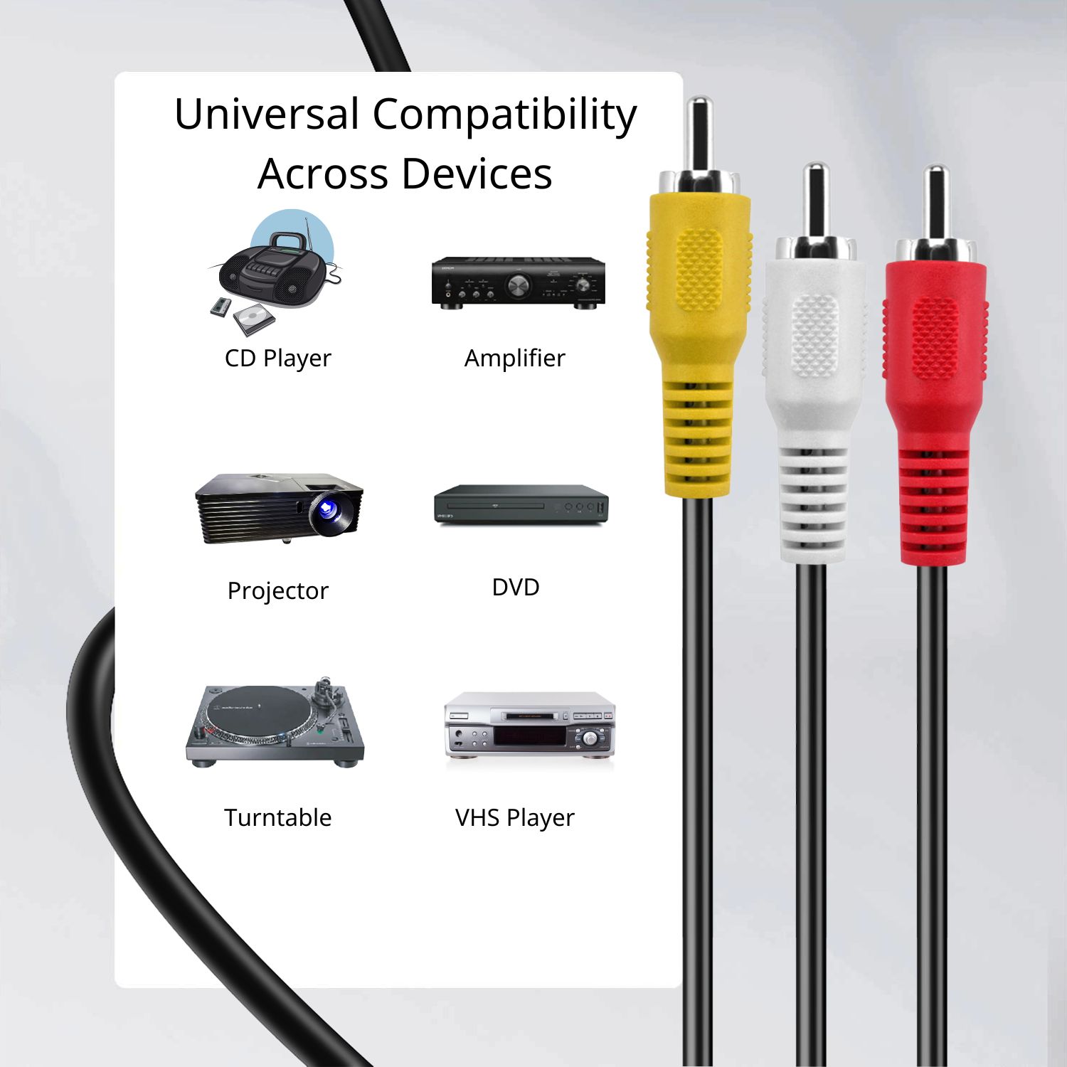 Easy Set Up:  Our 3RCA male to male video cable is designed for plug-and-play setup; this RCA audio cables can connect your devices with no additional configuration required. Plug in and start enjoying your audio and video right away