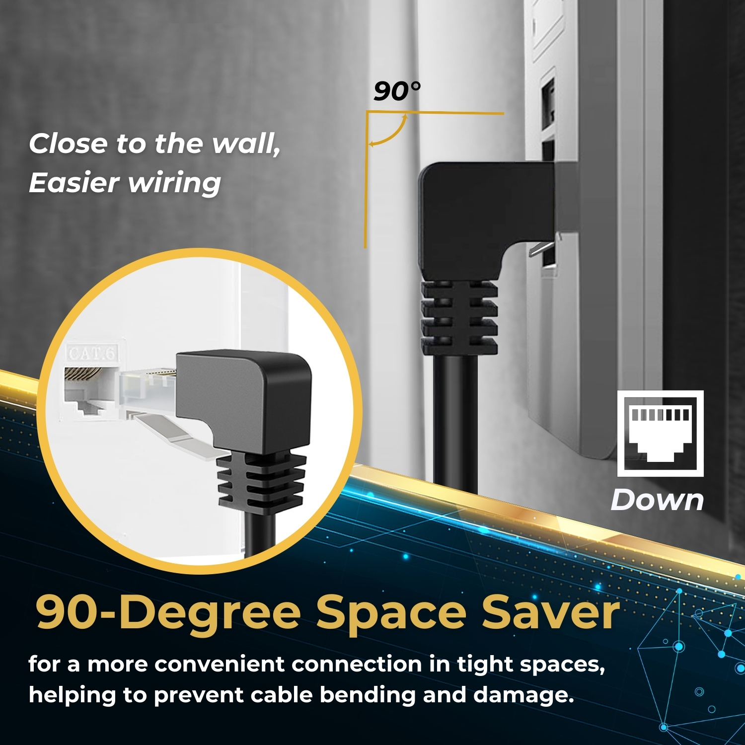 Cat6 Ethernet Cable (Right Angle Down, 6 FT), RJ45 90 Degree