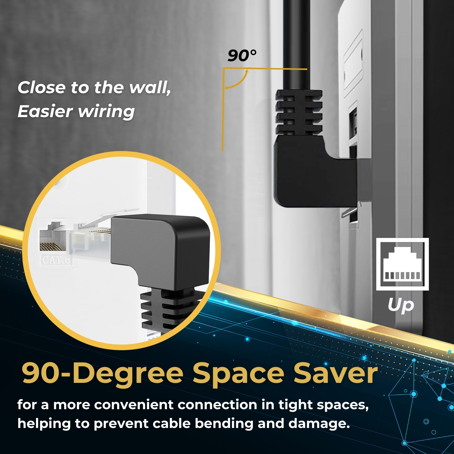 Cat6 Cable (Right Angle Up, 6 FT), RJ45 90 Degree Network Wire
