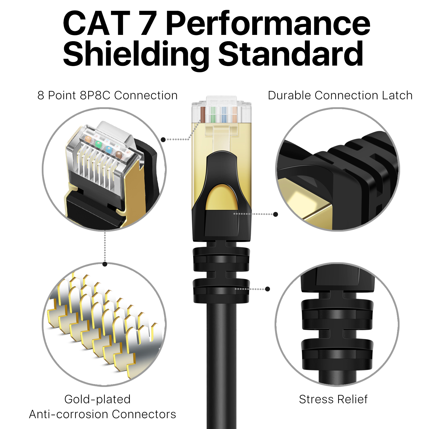 Premium & Quality materials - Solid 24 AWG copper filaments compose the patch cable cord's signal conductors. The twisted pairs are then separated by PE insulation molding that prevents internet cable signal interference. The cable's also gold-plated and made with a molded strain relief