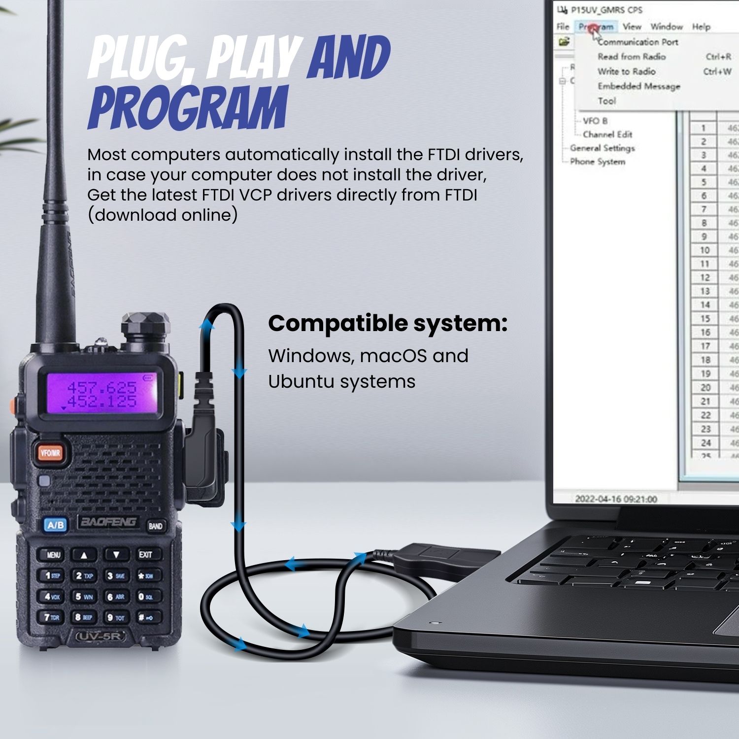 Universal Compatibility: This radio programming cable using FTDI chipset ensures smooth data transfer between the computer and the two-way radio/walkie-talkie. This program cable is Compatible with BAOFENG, KENWOOD BTECH, RETEVIS, WOUXUN, PUXING, QUSHENGAN, LINTON, TYT, HYT, TIDRADIO, RADIODDITY and more. It is compatible with standard USB ports but NOT compatible with models featuring only USB-C ports