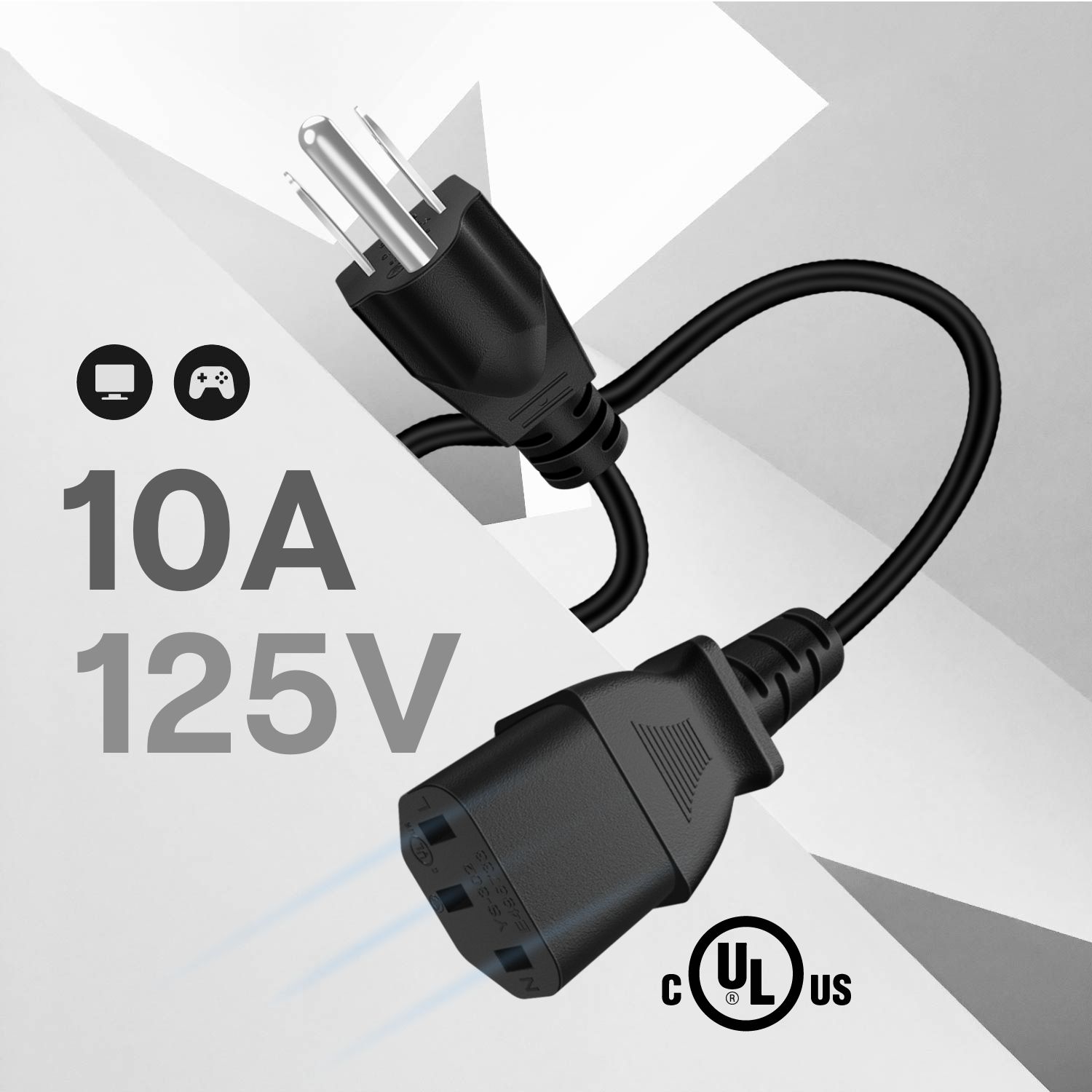Universal AC Power Cord Standard NEMA 5-15P to IEC 320 C13 - Replace worn-out or missing computer power cords for most models of a desktop PC computer, scanner, printer, LED TV, monitor, projector, PS3, and more with 18 AWG 125V 10A Power Cord