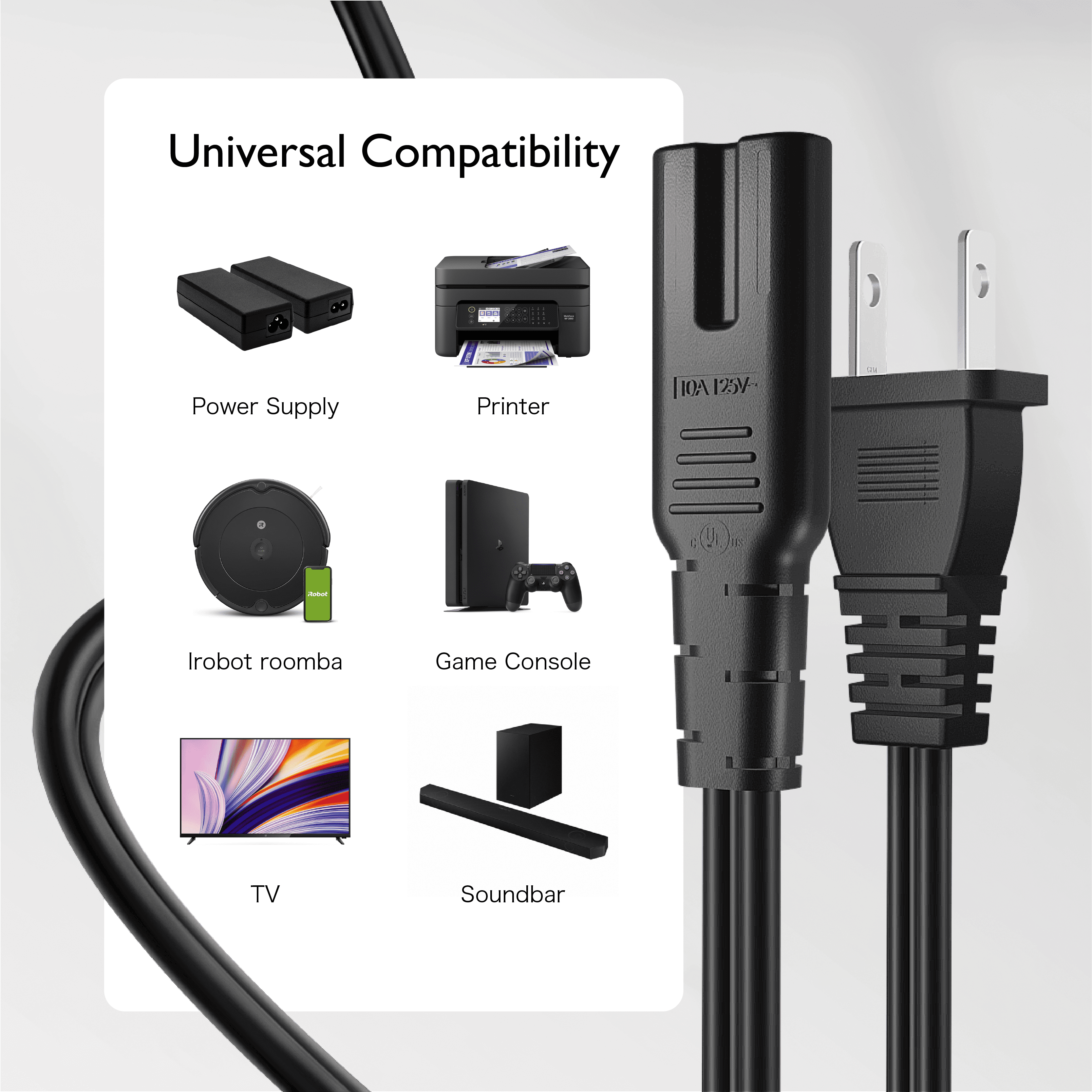 2 Prong Power Cord NEMA 1-15P to IEC320 C7 Power Cable