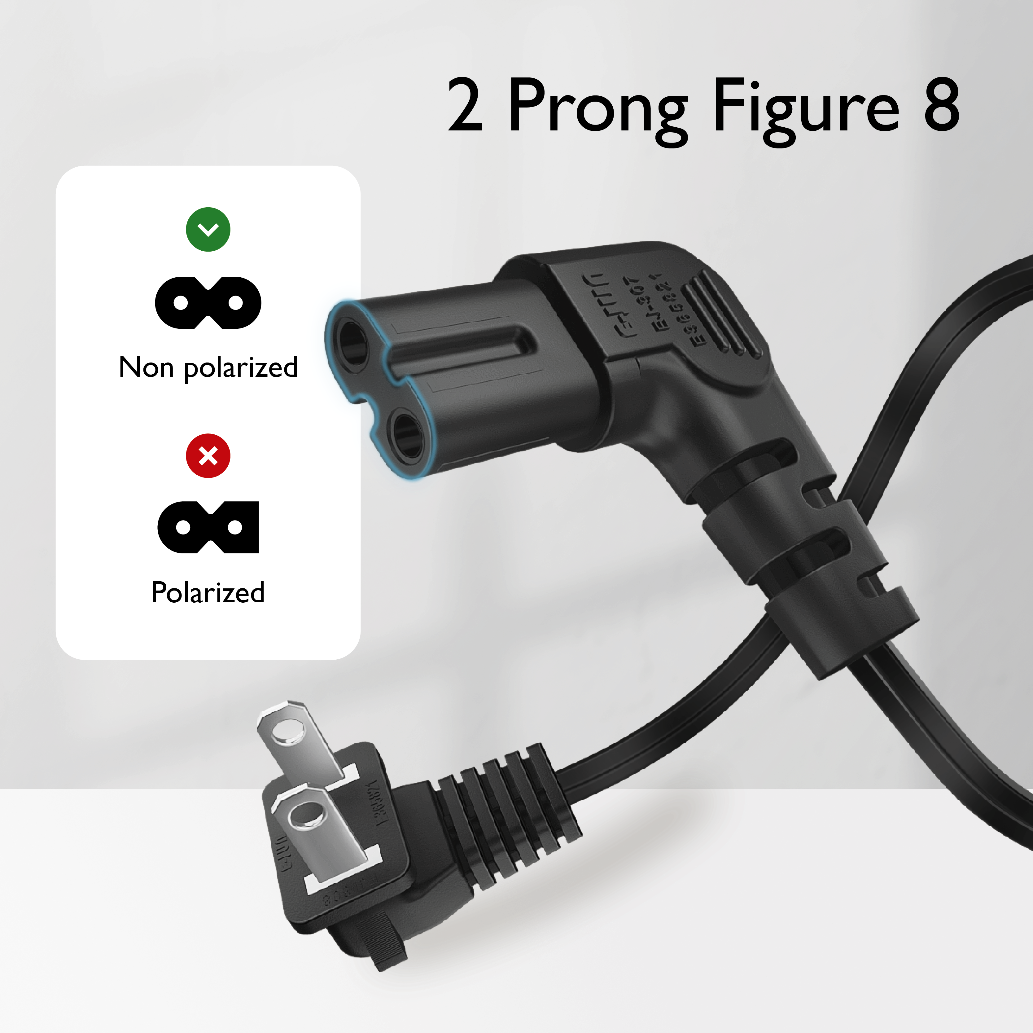 2 Prong Power Cord NEMA 1-15P to IEC320 C7 Right Angle Power Cable