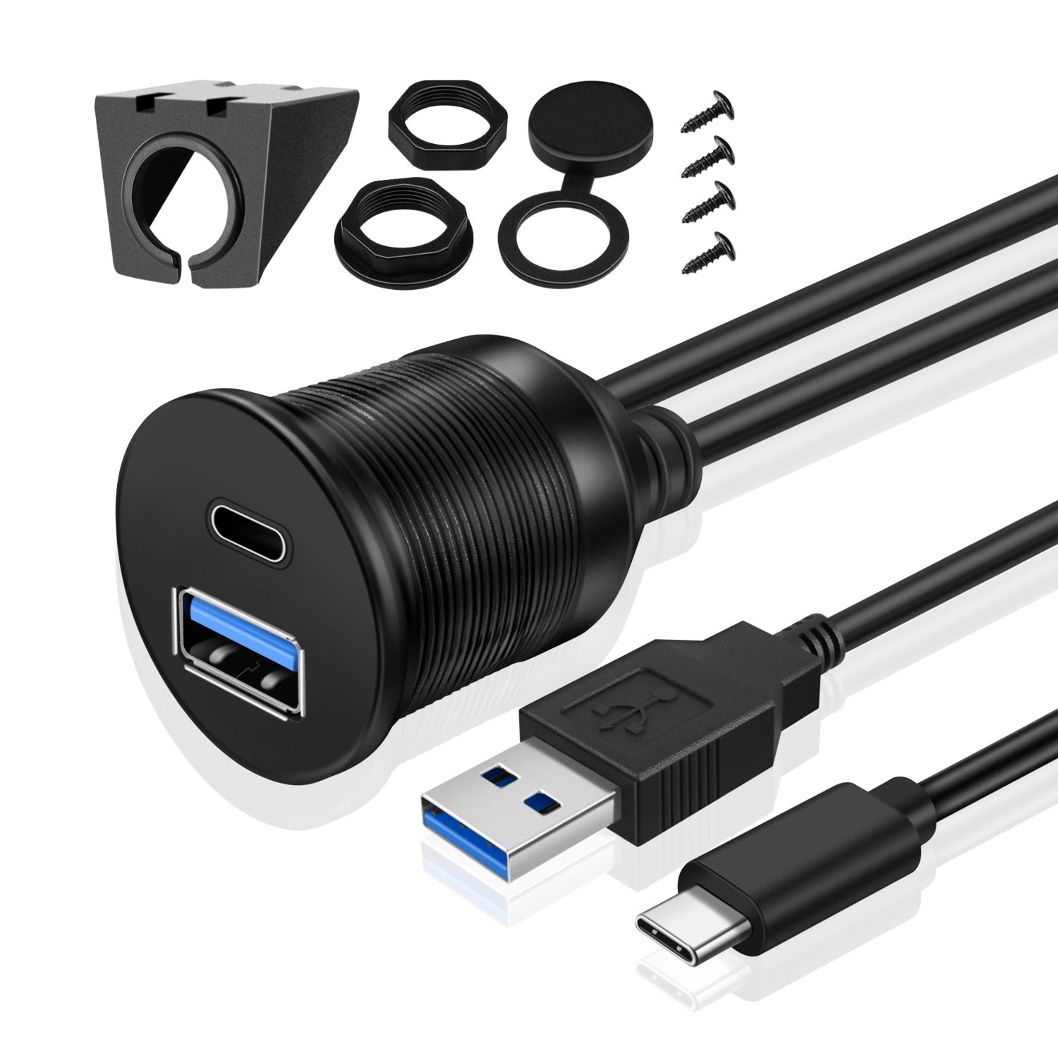 USB C + USB 3.0 Flush Mount Cable, Dual USB Extension Cable 6ft 2M for Car Dashboard with Dash Panel Mount, 2 Port Type A + C Male to Female Socket Connector Adapter Cord for Boat Motorcycle Vehicle