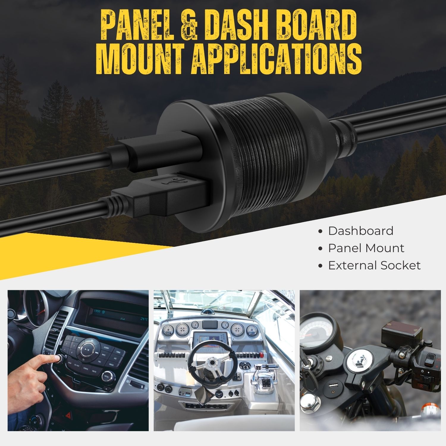 Wide Applications - Designed for in car but can be used for any application, you can DIY your motorbike, boat, marine, yacht, or other vehicles and devices for a built-in USB port the way you want; (Note: Please check the cable length and the diameter of mount holes before purchase)