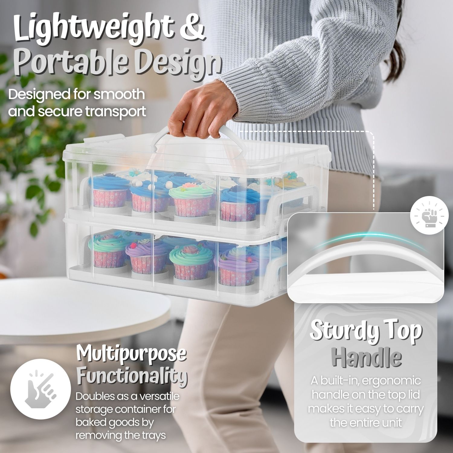 Multi-Functional - This convertible 24 cupcake carrier can be reversed to reveal a flat base, perfect for storing and transporting cakes or tiers of brownies and cookies.