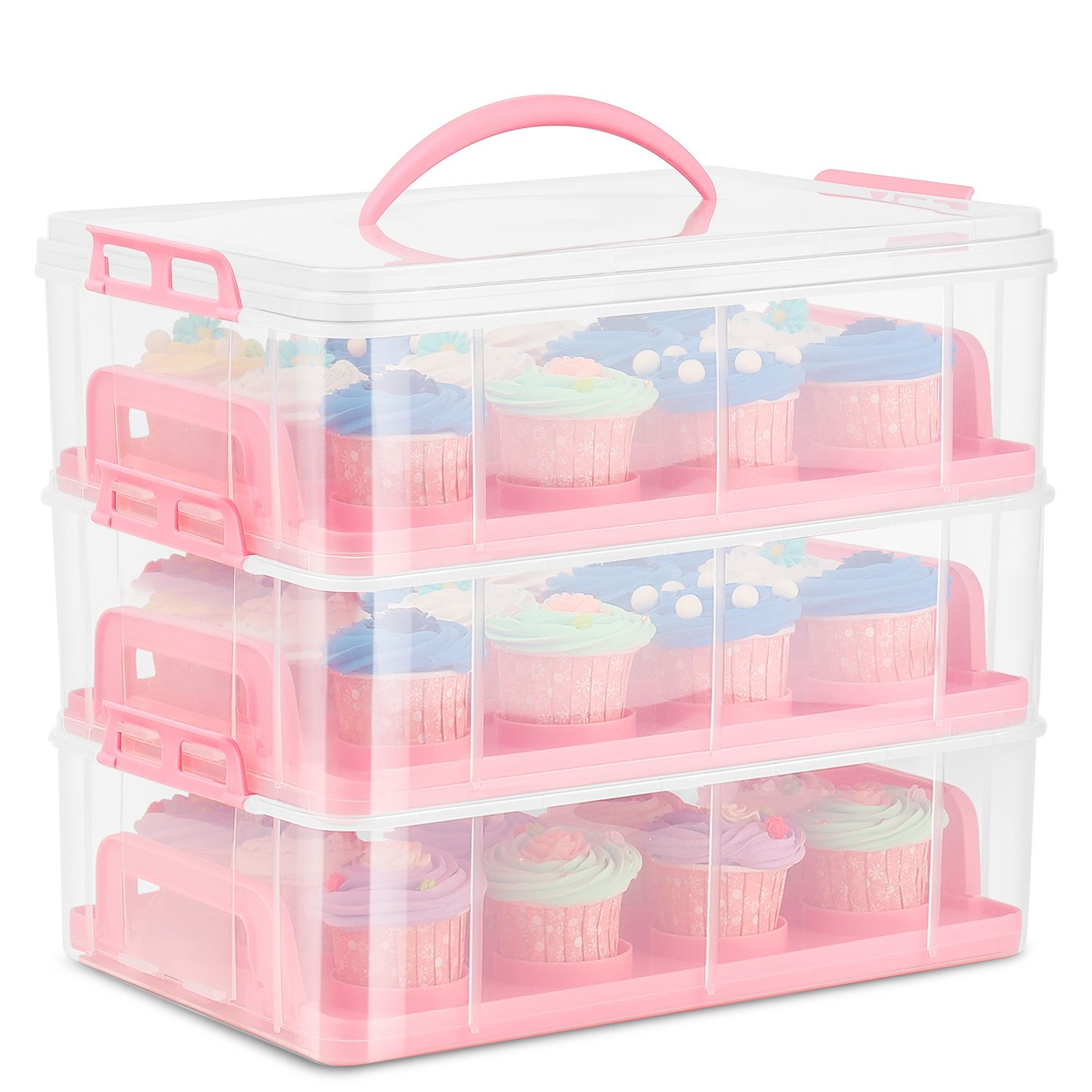 Cupcake Carrier Holder Container Box (36 Slot, 3 Tier) - 36 Cupcakes Slot or 3 Large Cakes Pastry Clear Plastic Storage Basket Taker Courier with 3 Tier Stackable Layer Insert (Pink)