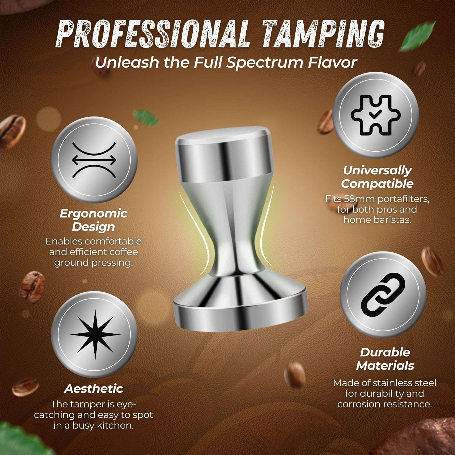 Coffee Tamper 58mm Stainless Steel Flat Base Barista Espresso Bean