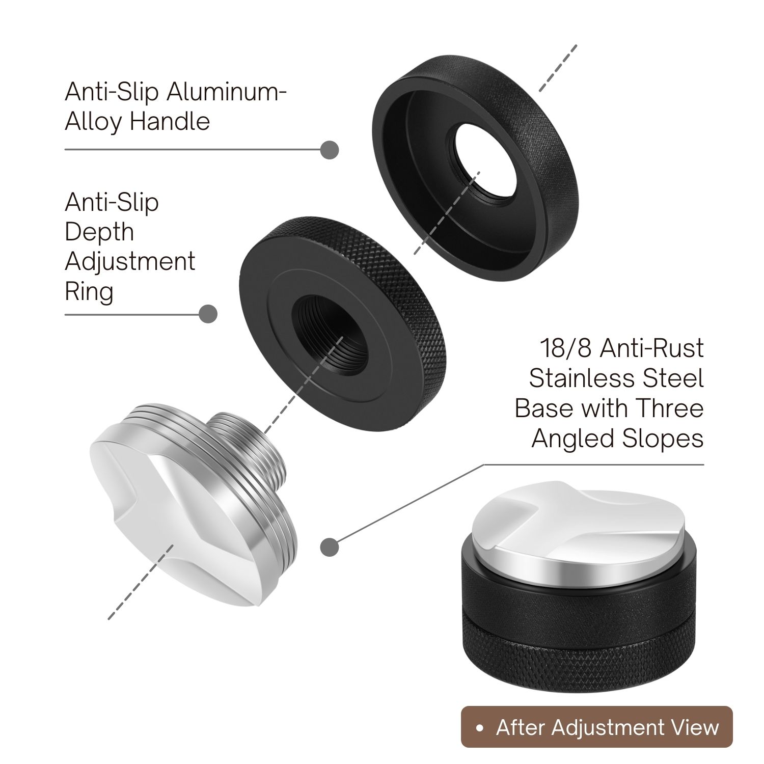 Food Grade 304 Stainless Steel - This espresso distributor uses the highest quality, food-safe 100% Unibody stainless steel material and Anti-slip Aluminum Alloy handle is perfect for hand tamper use; Anti-rust premium material great for display