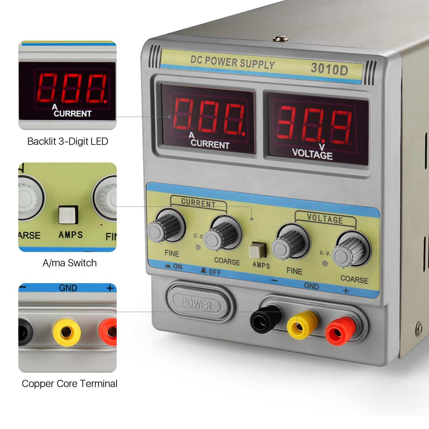 Premium Regulated Power Supply - Compact structure Benchtop Power Supply design; All metal construction; Dual back lit LED displays