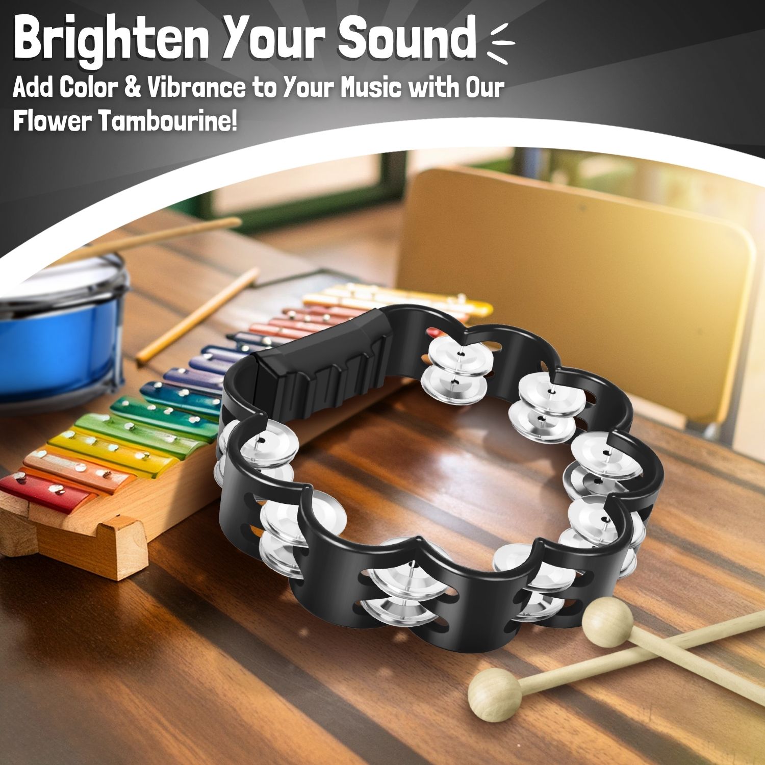 Colorful Flower Design: Our unique flower round tambourine comes in a range of bright colors such as blue, green, red, pink, yellow, white, & black, so you can add a lively touch to every performance