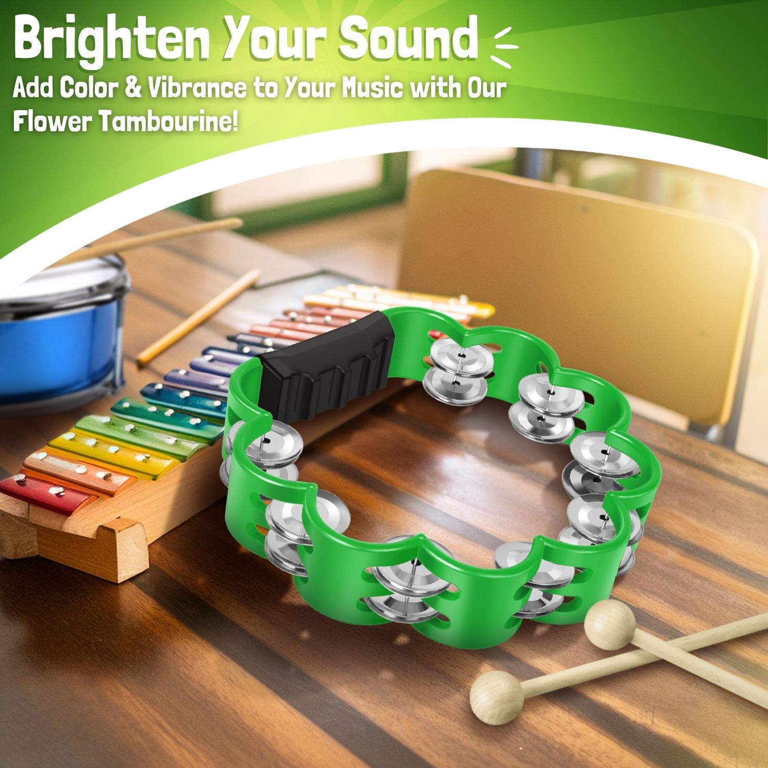 Green Pack 8 Inch Flower Tambourine with Metal Jingles & Ergonomic