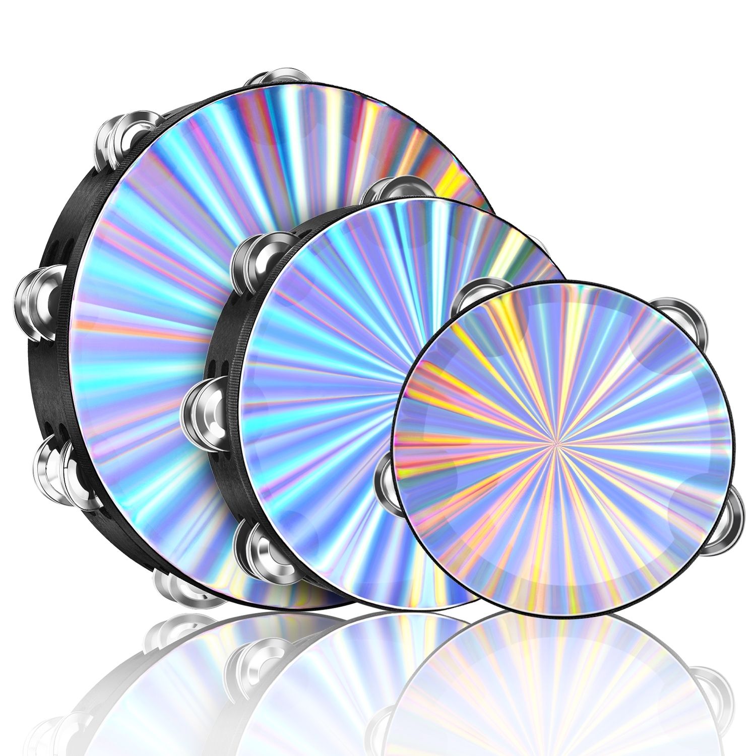 Wood Church Tambourine Instrument - 6, 8, and 10 Inch Reflective Hand Drums Tambourine for Kids and Adults, Single Row Metal Tambourine for Church, Parties, & Musical Events, 3-Pack