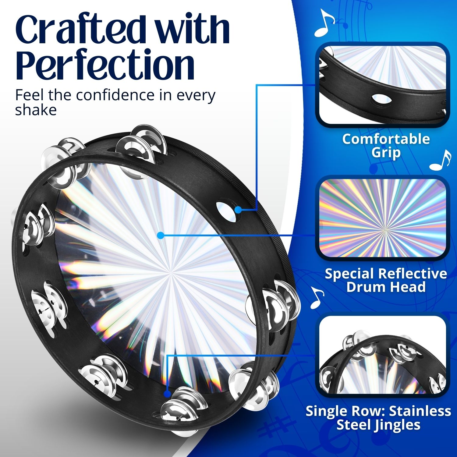 Ergonomic Grip: Designed with comfort in mind, our tambourines for kids and adults feature a secure grip that allows for extended play without fatigue, making it a reliable companion for long sessions