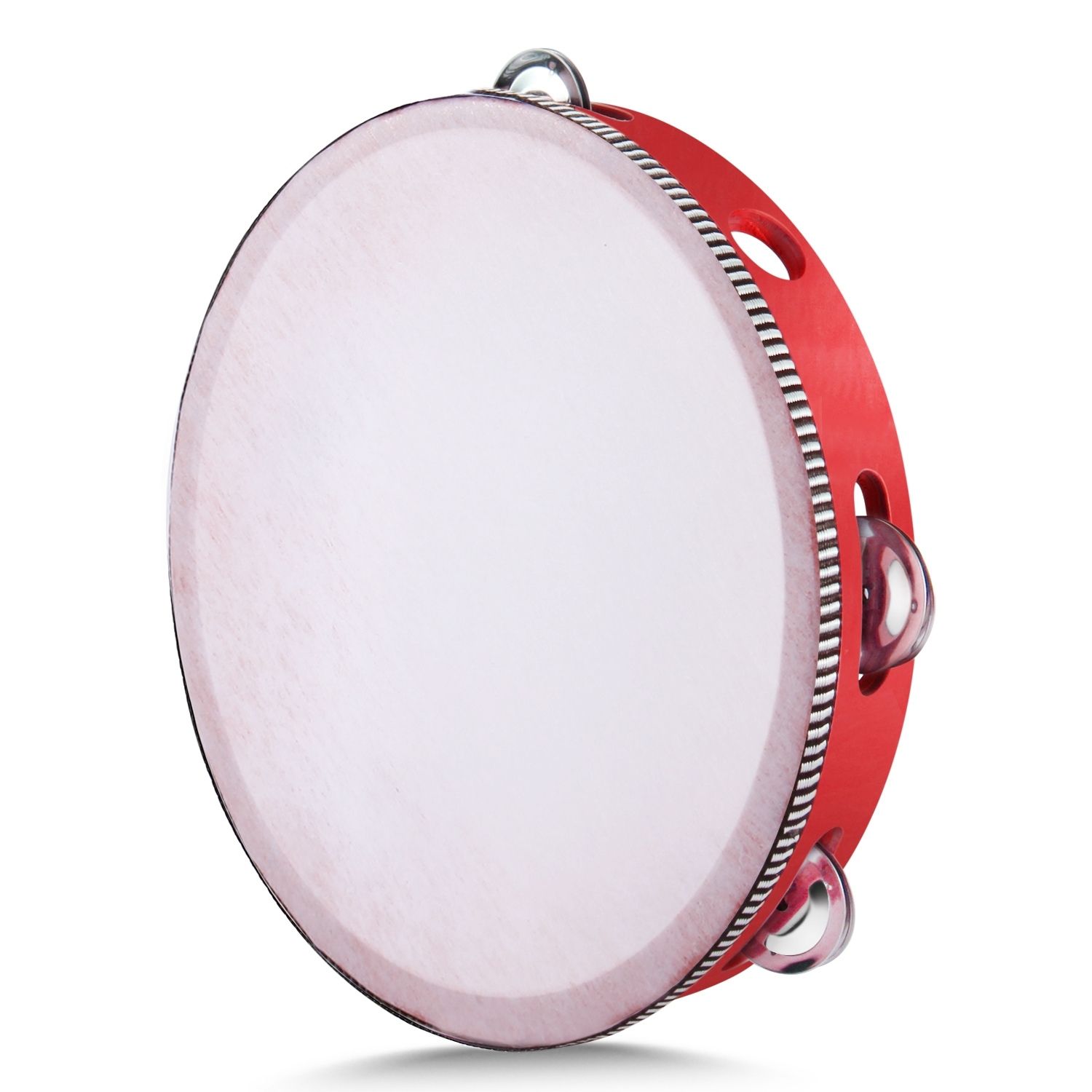 Wood Handheld Tambourine 10" Inch Single Row 8 Pair Jingles Red Hand