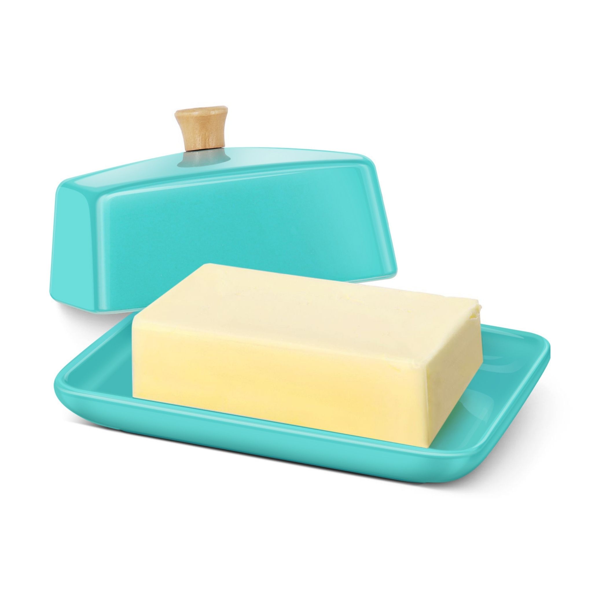 Flexzion Ceramic Blue European Butter Dish with Lid for Countertop (7 Inch) - Wide 2 Stick Double Butter Holder for Counter, Cream Cheese Container Storage Keeper