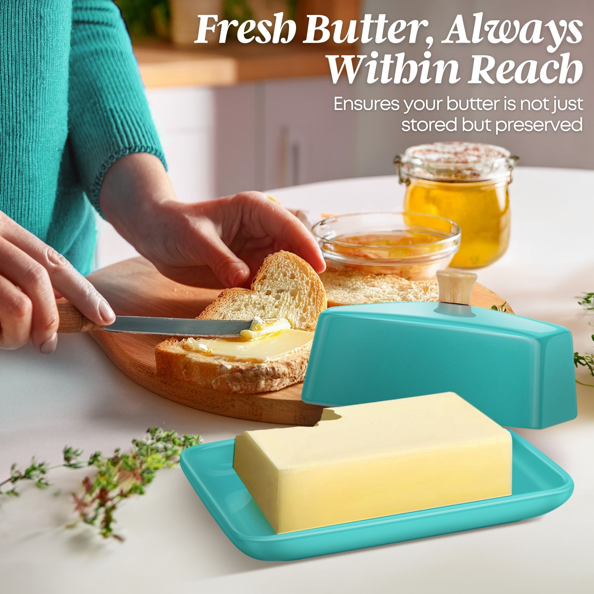 Stylish and Practical: Unveil the blend of European elegance and functionality with Flexzion's porcelain blue butter dish so that you can serve and store it in style