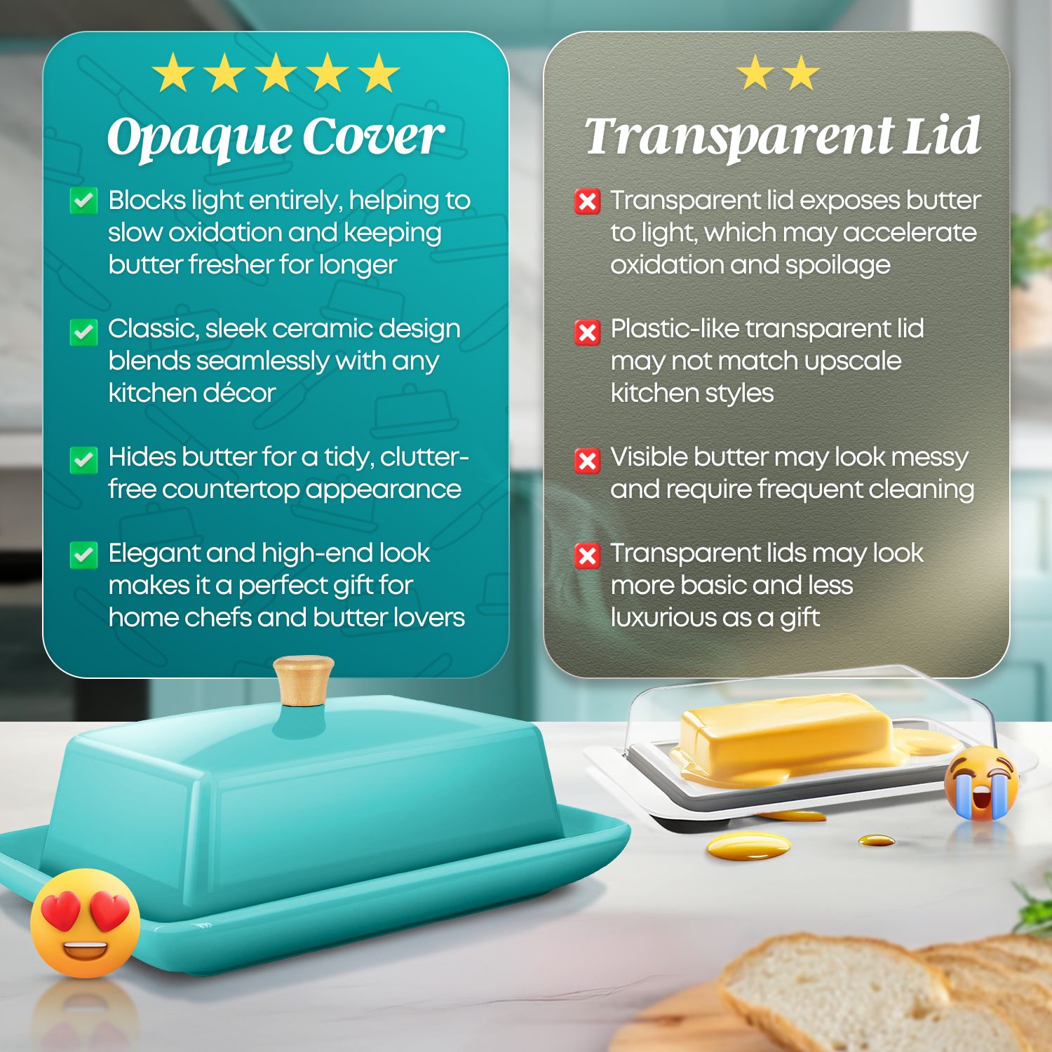 Hassle-Free Cleaning: Maintain the butter dish's pristine condition by handwashing it with soap and water with minimal effort, ensuring it's always ready to grace your table.