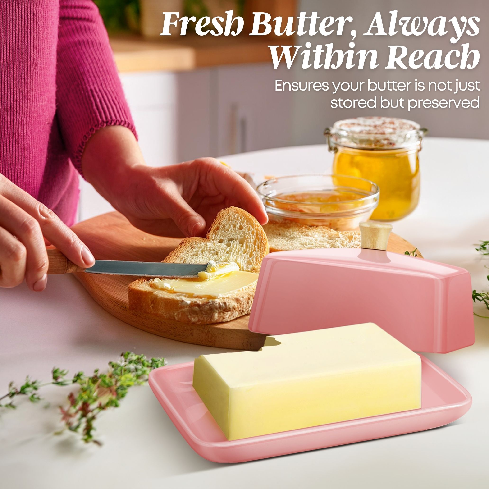 Stylish and Practical: Unveil the blend of European elegance and functionality with Flexzion's porcelain pink butter dish so that you can serve and store it in style