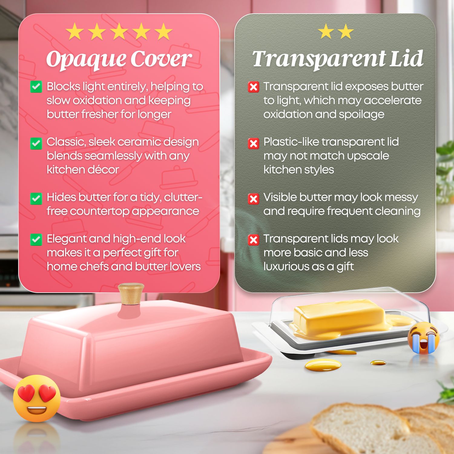 Hassle-Free Cleaning: Maintain the butter dish's pristine condition by handwashing it with soap and water with minimal effort, ensuring it's always ready to grace your table.