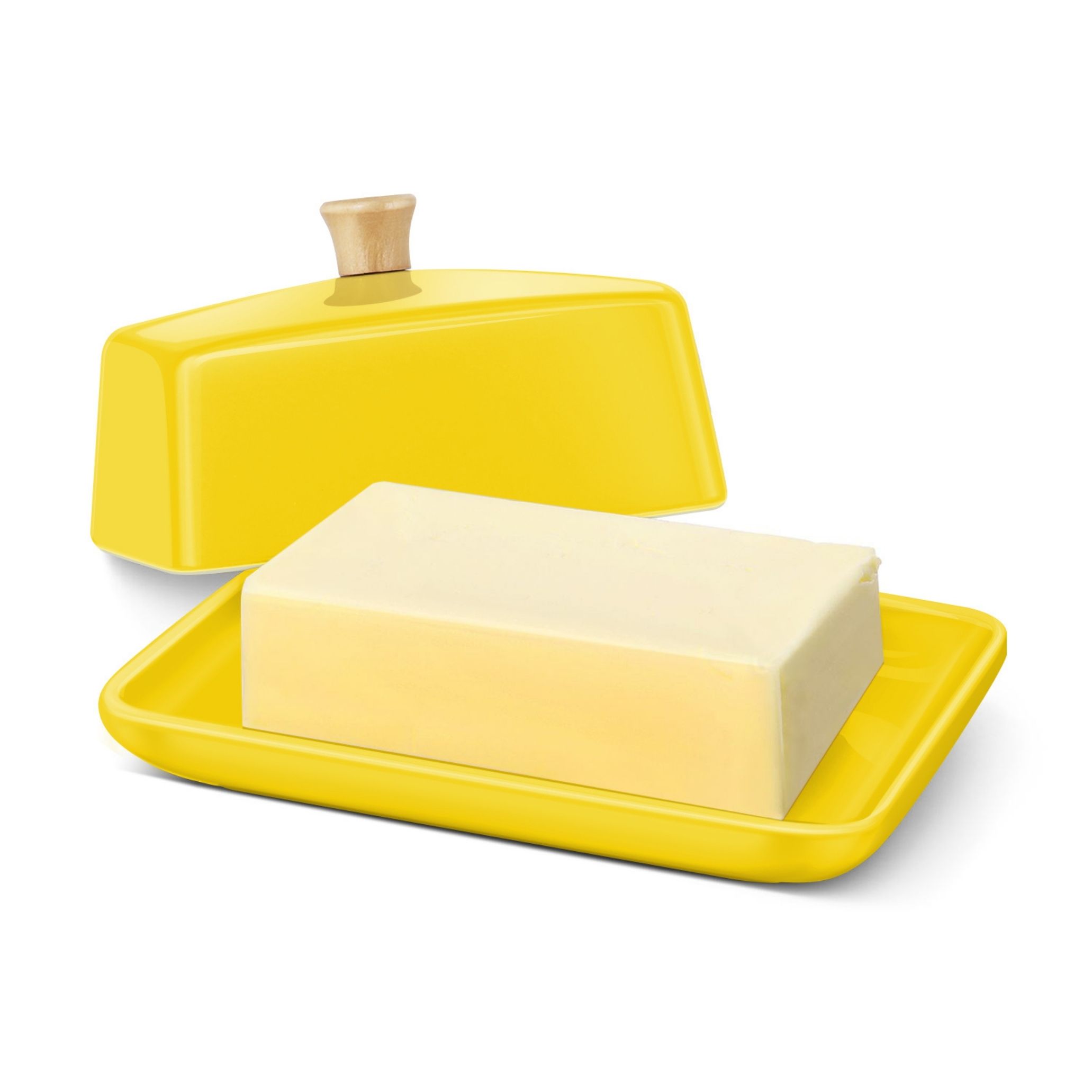 Flexzion Ceramic Yellow European Butter Dish with Lid for Countertop (7 Inch) - Wide 2 Stick Double Butter Holder for Counter, Cream Cheese Container Storage Keeper