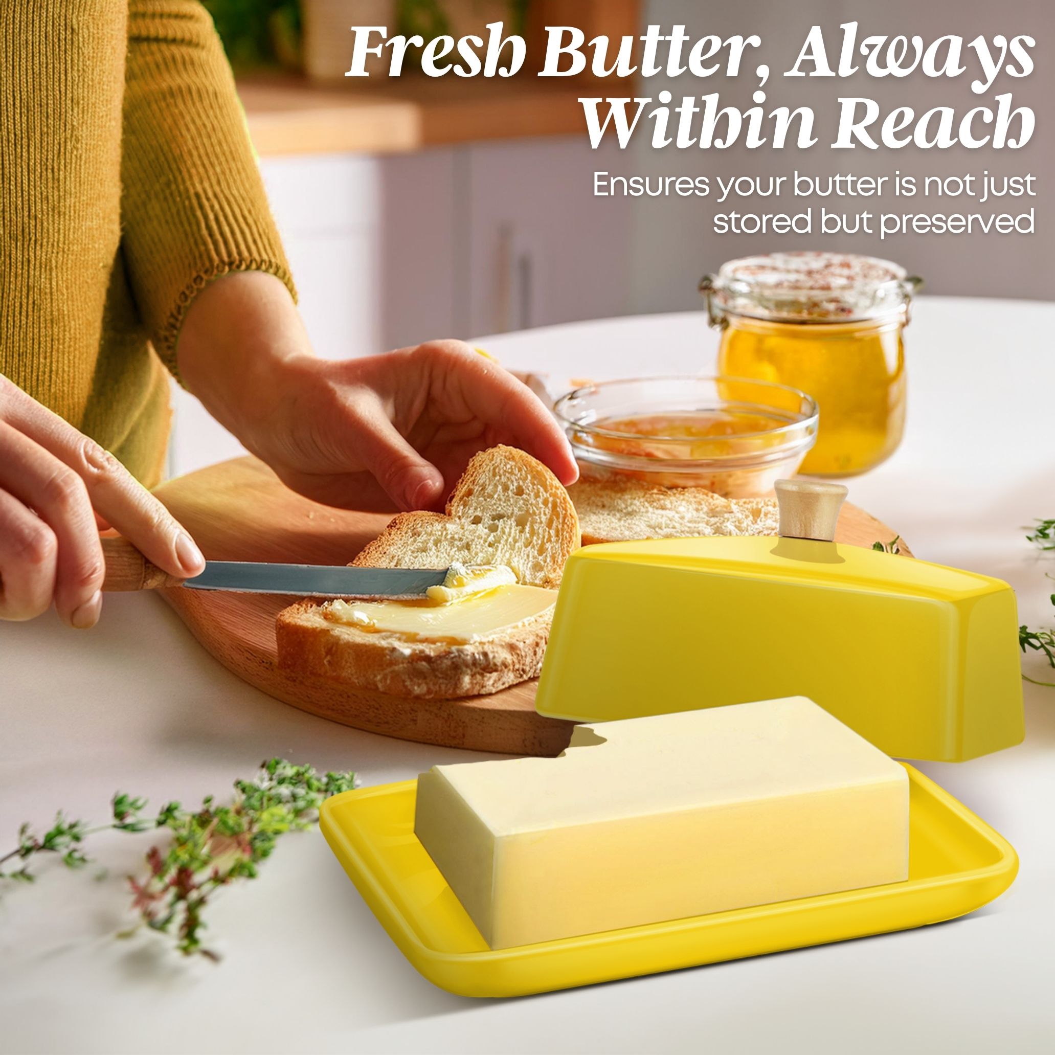 Stylish and Practical: Unveil the blend of European elegance and functionality with Flexzion's porcelain yellow butter dish so that you can serve and store it in style