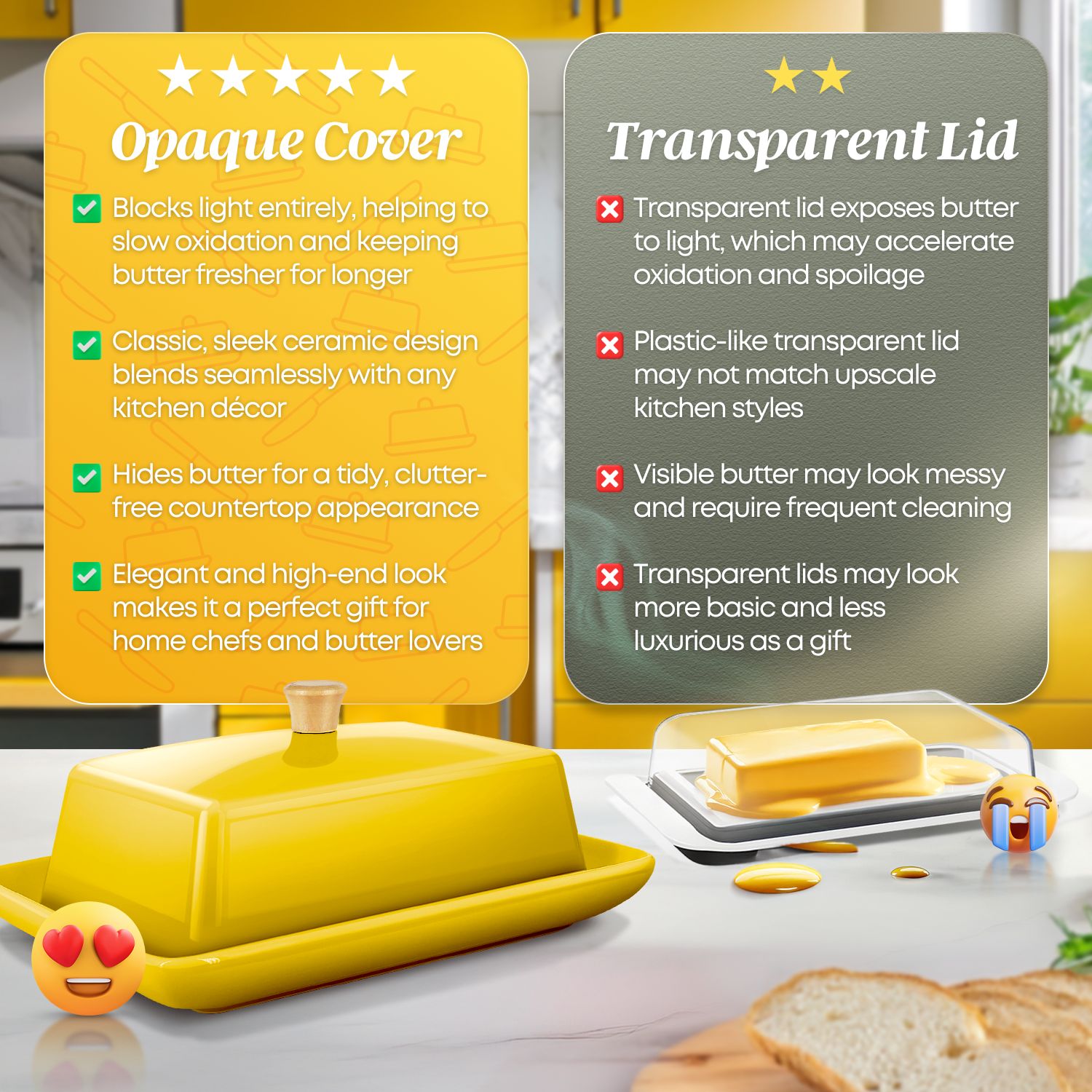 Hassle-Free Cleaning: Maintain the butter dish's pristine condition by handwashing it with soap and water with minimal effort, ensuring it's always ready to grace your table.