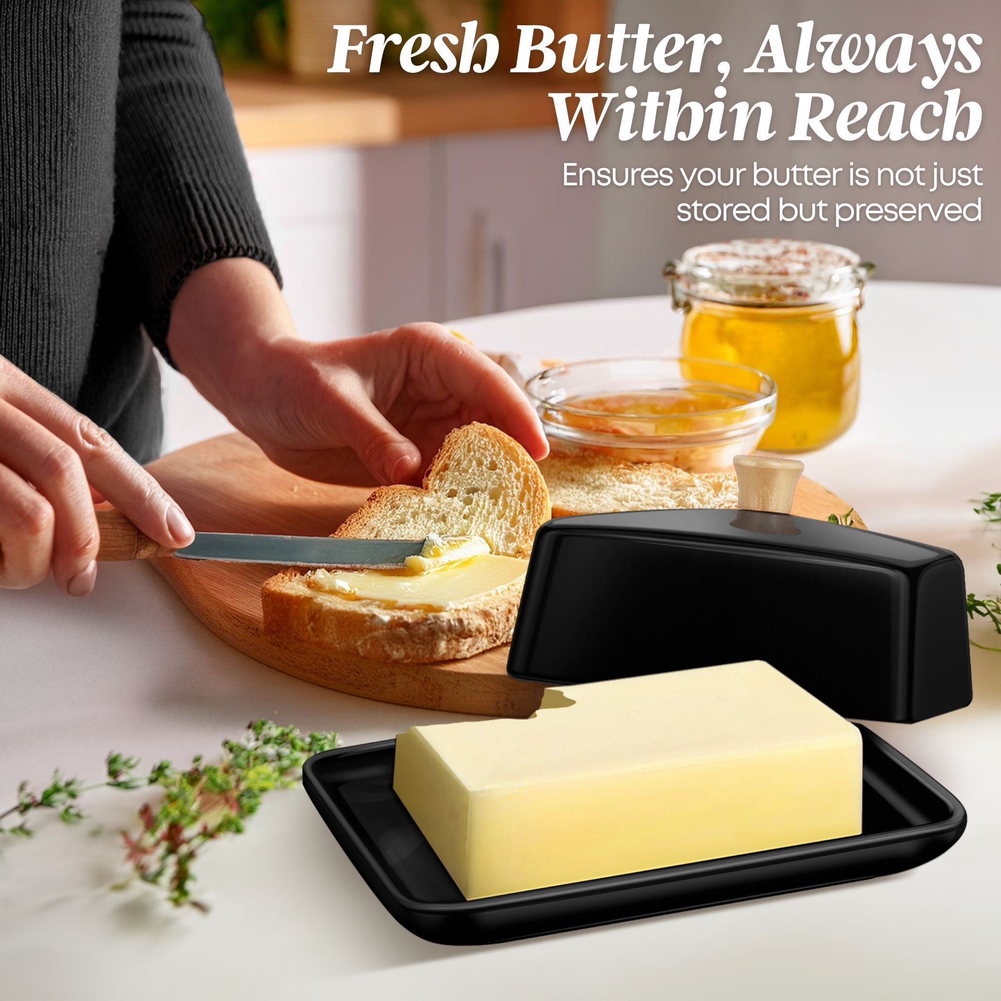 Stylish and Practical: Unveil the blend of European elegance and functionality with Flexzion's porcelain black butter dish, so you can serve and store it in style