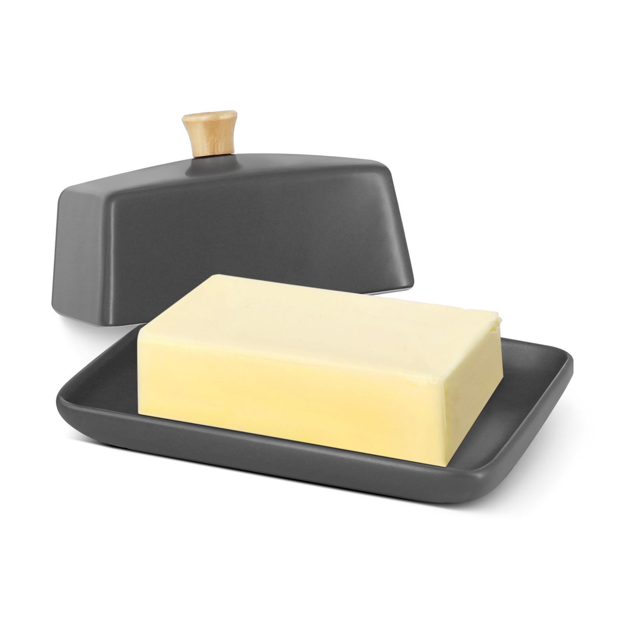 Flexzion Ceramic Gray European Butter Dish with Lid for Countertop (8 Inch) - Wide 2 Stick Double Butter Holder for Counter, Cream Cheese Container Storage Keeper