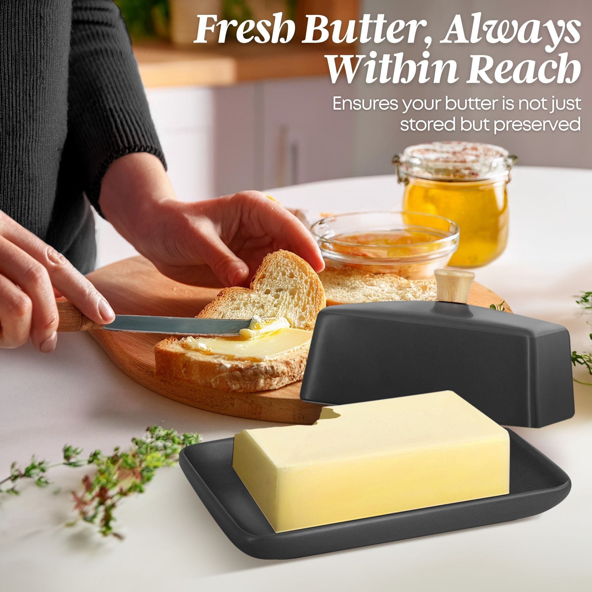 Stylish and Practical: Unveil the blend of European elegance and functionality with Flexzion's wide butter dish with lid, so you can serve and store it in style.Pure and Safe: Crafted from contaminant-free white porcelain, this European butter dish ensures your butter is not just stored but preserved in a wholesome manner.User-Friendly Design: Featuring a matching lid with a top wooden knob, this porcelain butter dish allows you to access your butter with ease and keep it fresh, always.Hassle-Free Cleaning: Maintain the butter dish's pristine condition by handwashing with soap and water and with minimal effort, ensuring it's always ready to grace your table.Versatile Elegance: More than a butter container, transform every use into an experience, as it elegantly holds cheeses, chocolates, or even serves as a charming fruits platter, catering to every occasion.