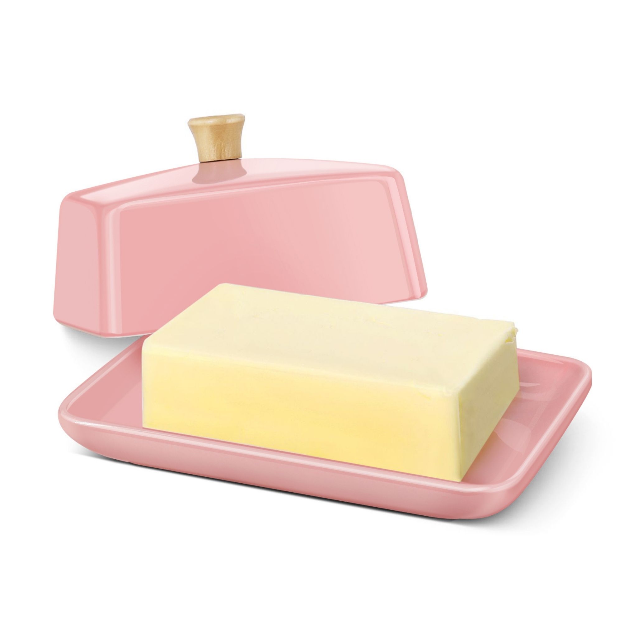 Flexzion Ceramic Pink European Butter Dish with Lid for Countertop (8 Inch) - Wide 2 Stick Double Butter Holder for Counter, Cream Cheese Container Storage Keeper