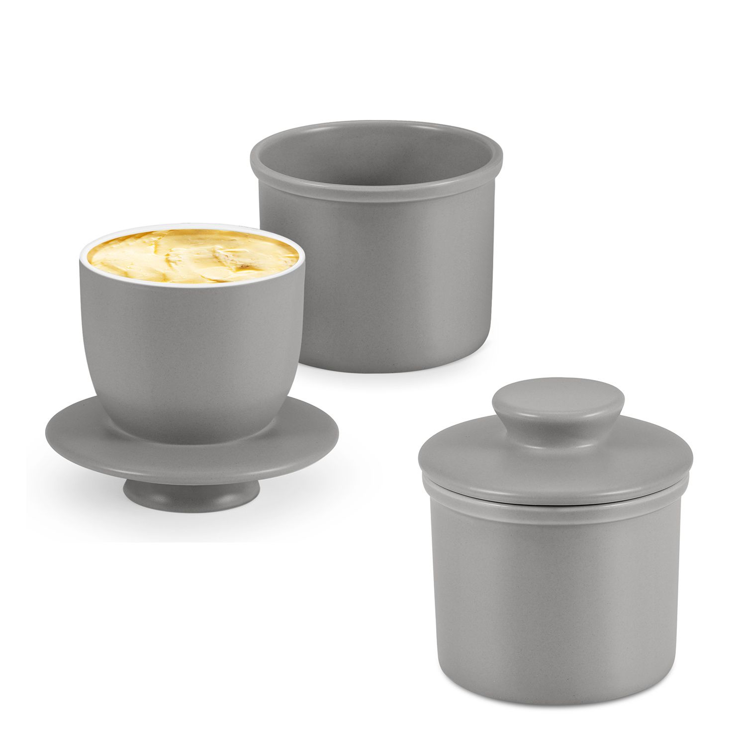 Porcelain Butter Crock Butter Keeper, French Butter Dish with Lid, Tabletop Spreadable Soft and Fresh Water Sealed Butter Holder Cafe Retro Collection Farmhouse Decor 2 Pack (Gray)